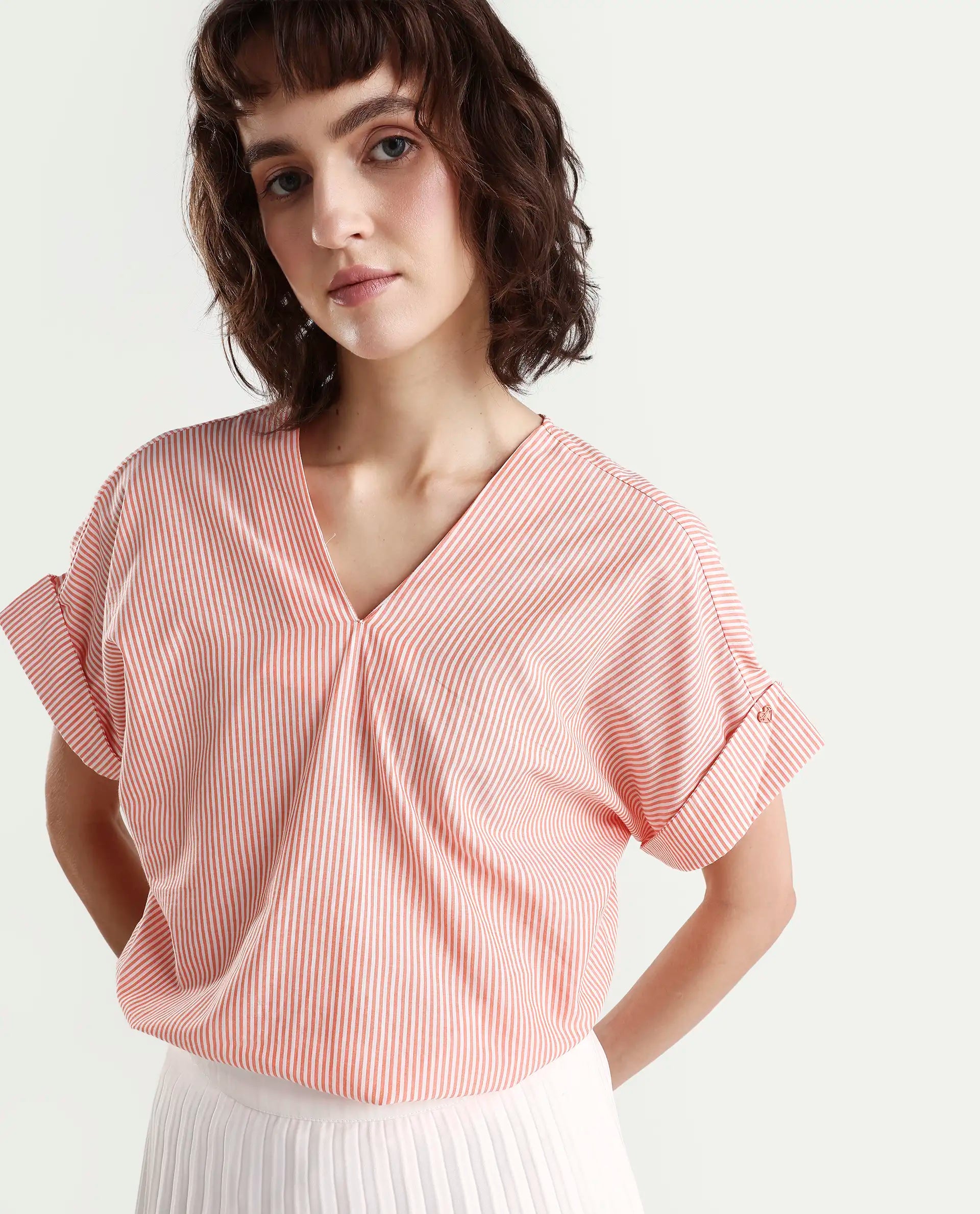 Rareism Women's Abdoo Orange V-Neck Striped Extended Sleeves Relaxed Fit Top