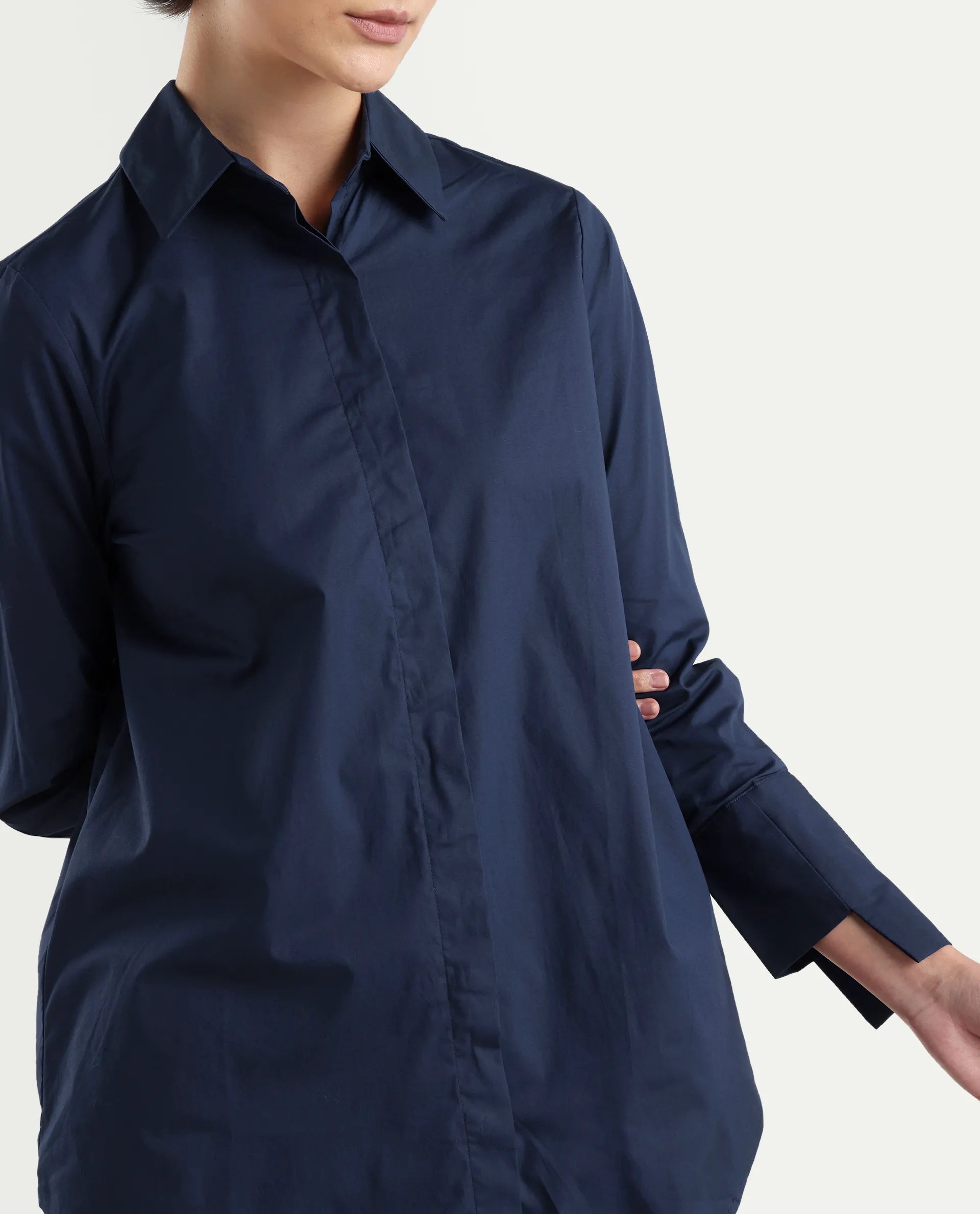 Rareism Women's Tottori Dark Blue Drop Collar Plain Cuffed Sleeve Relaxed Fit Shirt