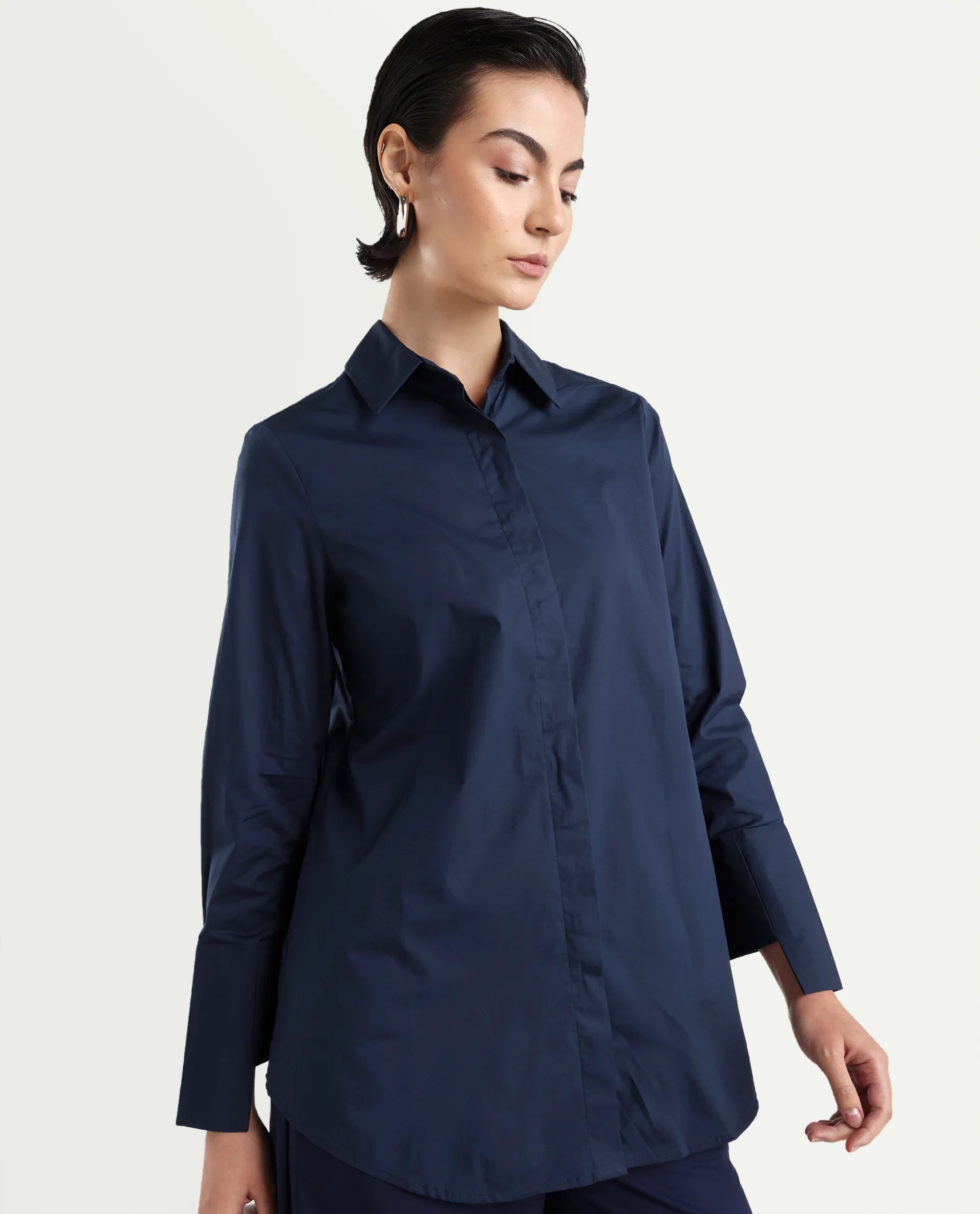 Rareism Women's Tottori Dark Blue Drop Collar Plain Cuffed Sleeve Relaxed Fit Shirt