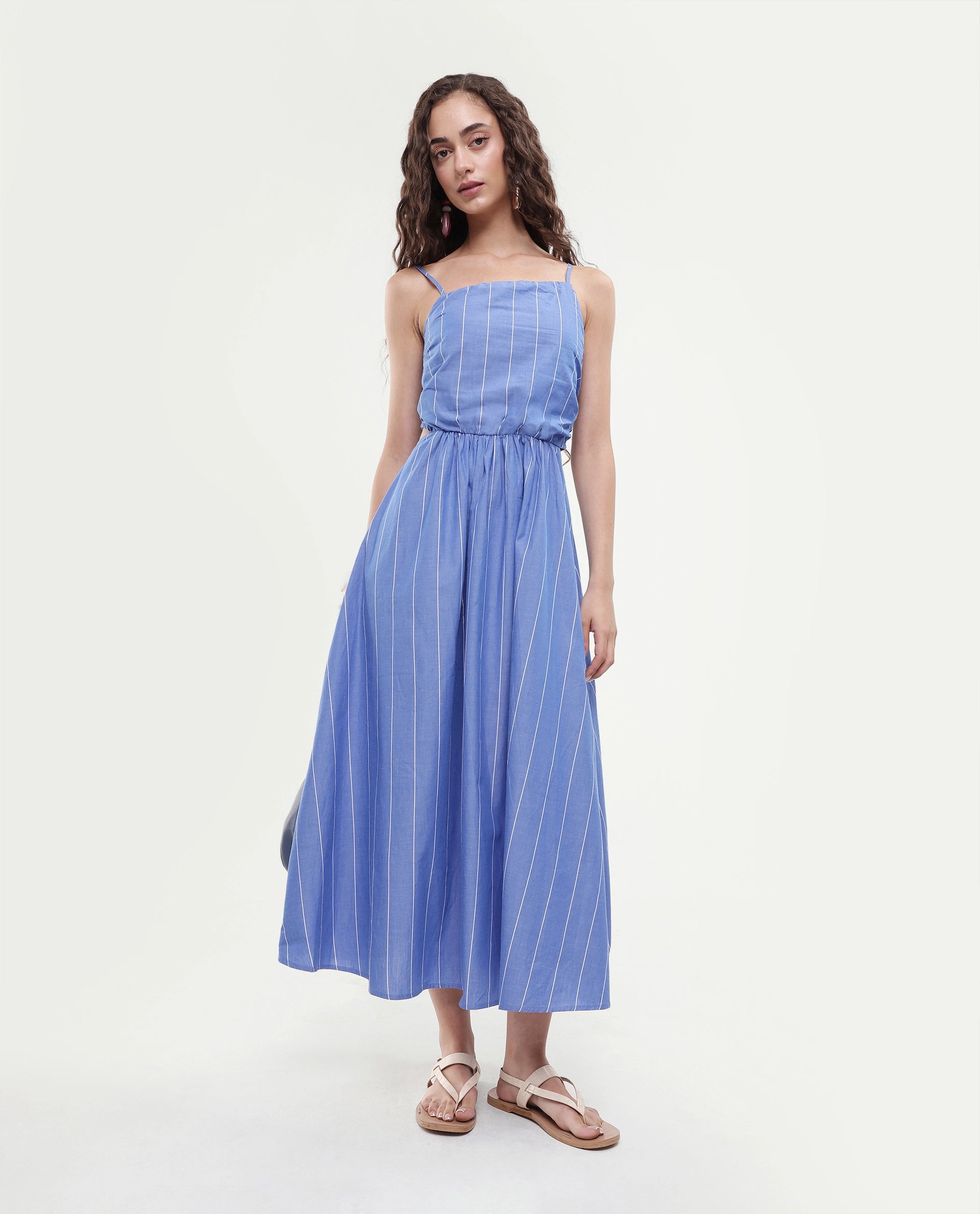 Rareism Women's Doyle Blue Asymmetric Neck Striped Shoulder Strap Midi Fit And Flare Dress