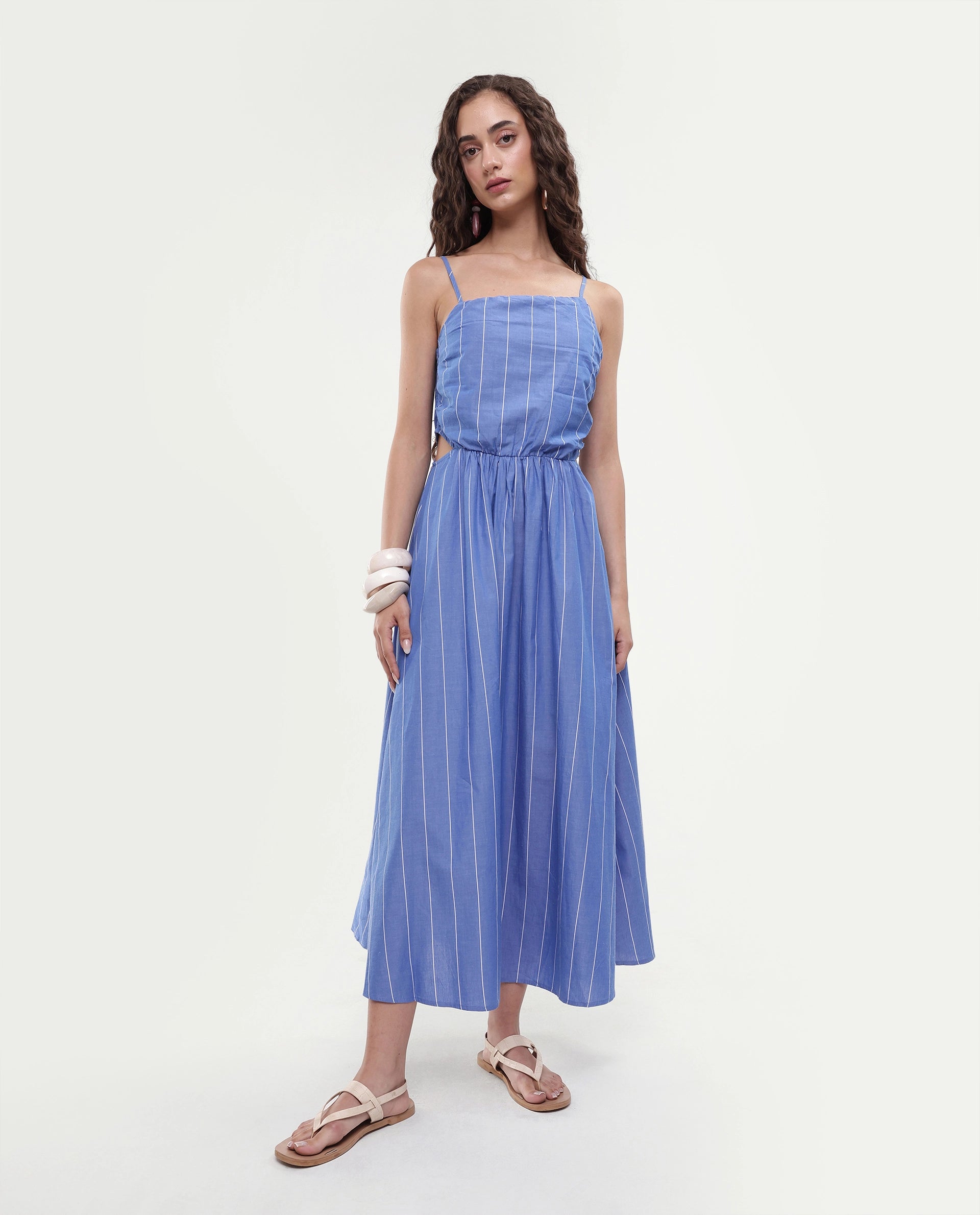 Rareism Women's Doyle Blue Asymmetric Neck Striped Shoulder Strap Midi Fit And Flare Dress
