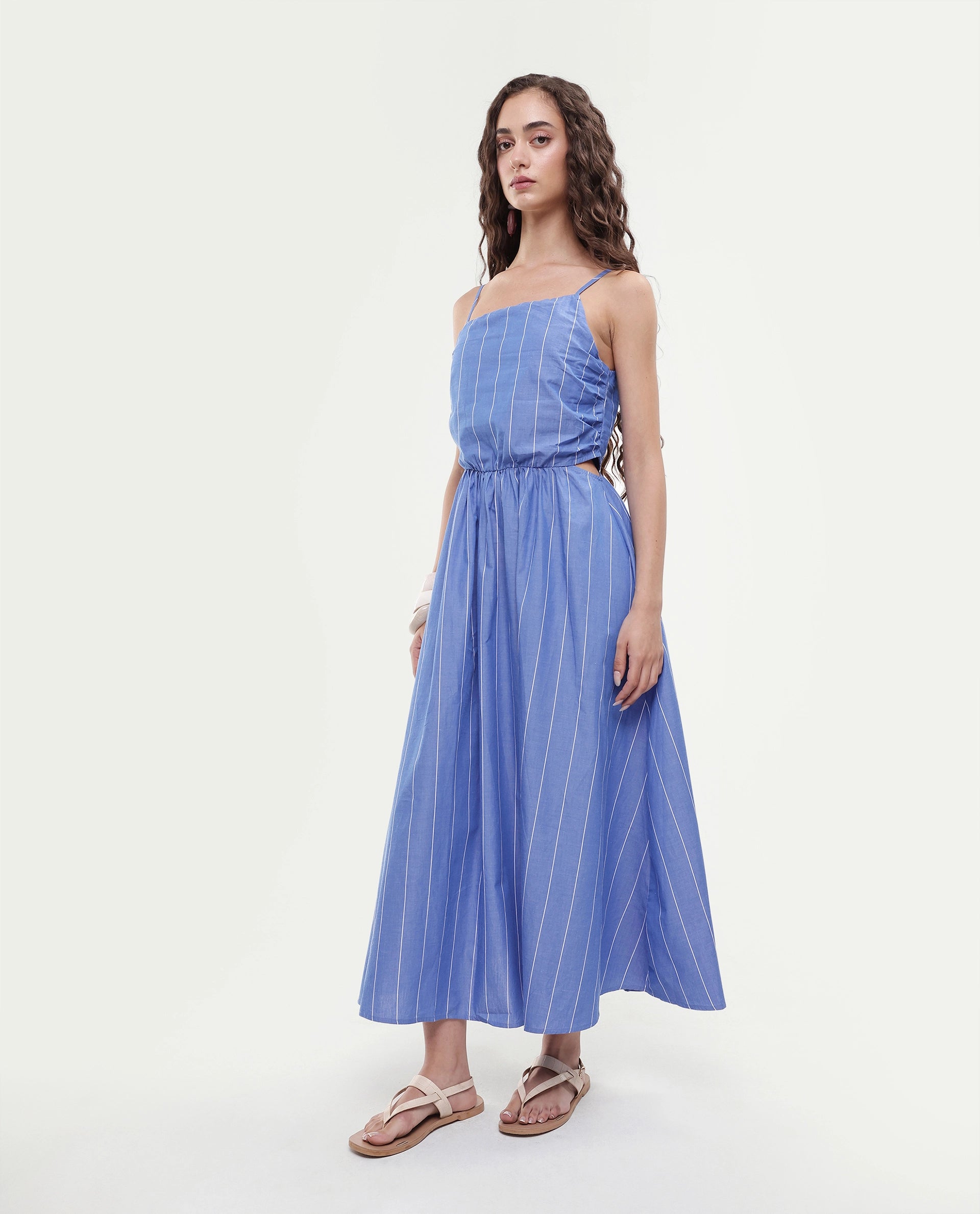 Rareism Women's Doyle Blue Asymmetric Neck Striped Shoulder Strap Midi Fit And Flare Dress