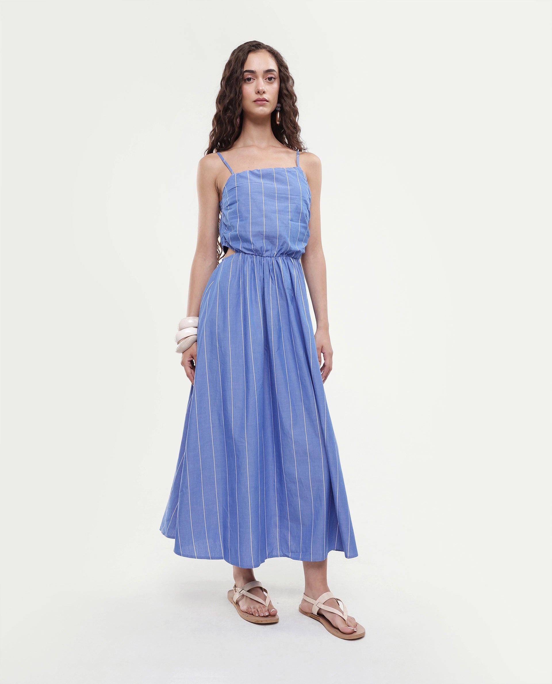 Rareism Women's Doyle Blue Asymmetric Neck Striped Shoulder Strap Midi Fit And Flare Dress
