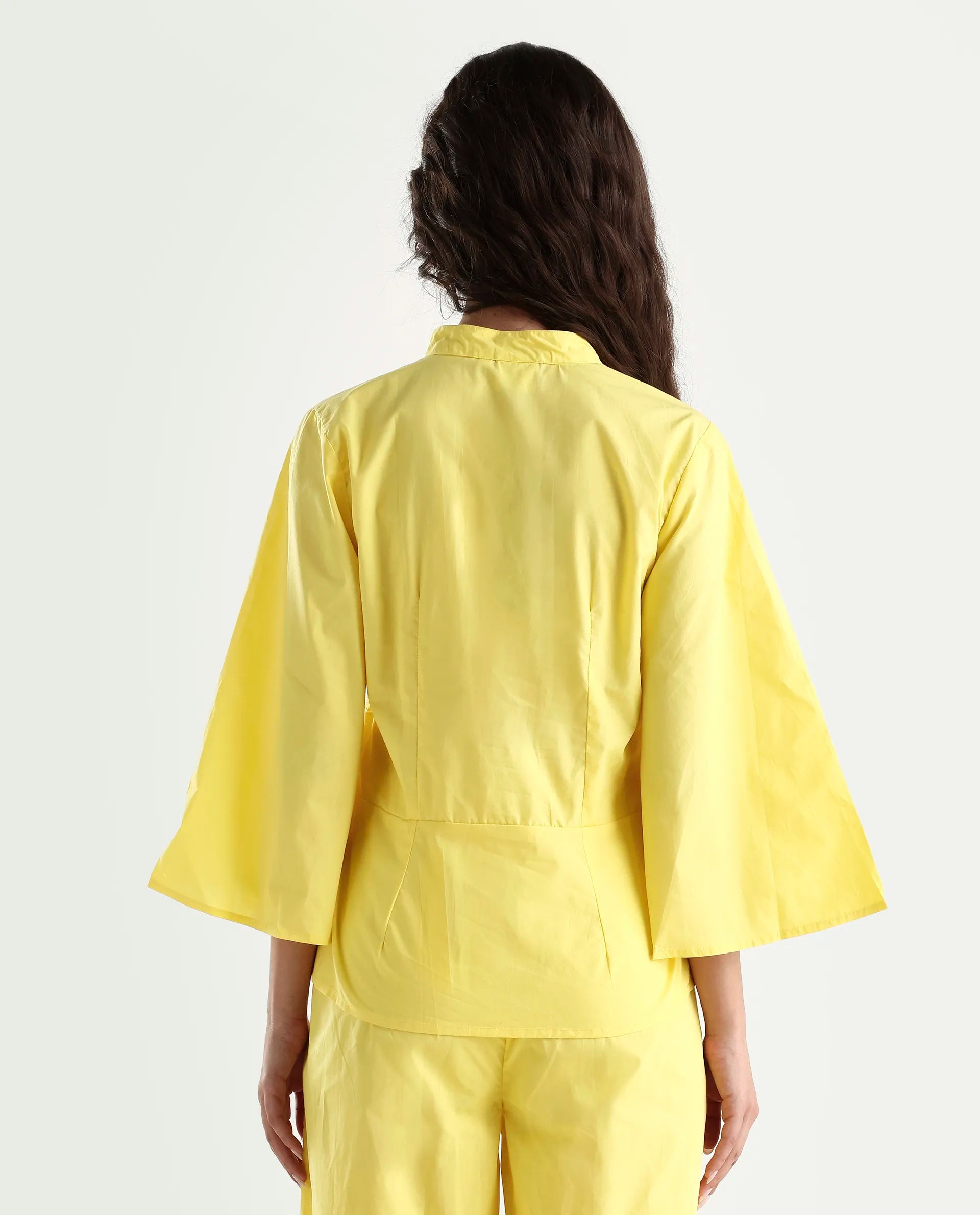 Rareism Women's Badgle-T Pastel Yellow Cotton Mandarin Collar Plain Cuffed Sleeve Regular Fit Top
