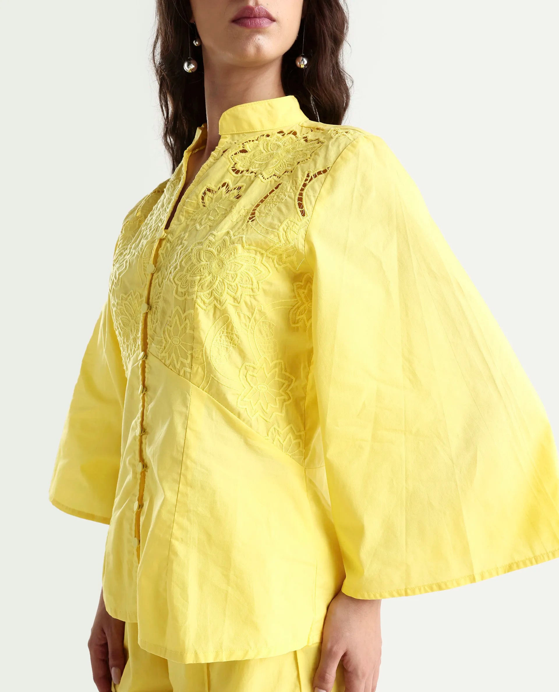 Rareism Women's Badgle-T Pastel Yellow Cotton Mandarin Collar Plain Cuffed Sleeve Regular Fit Top