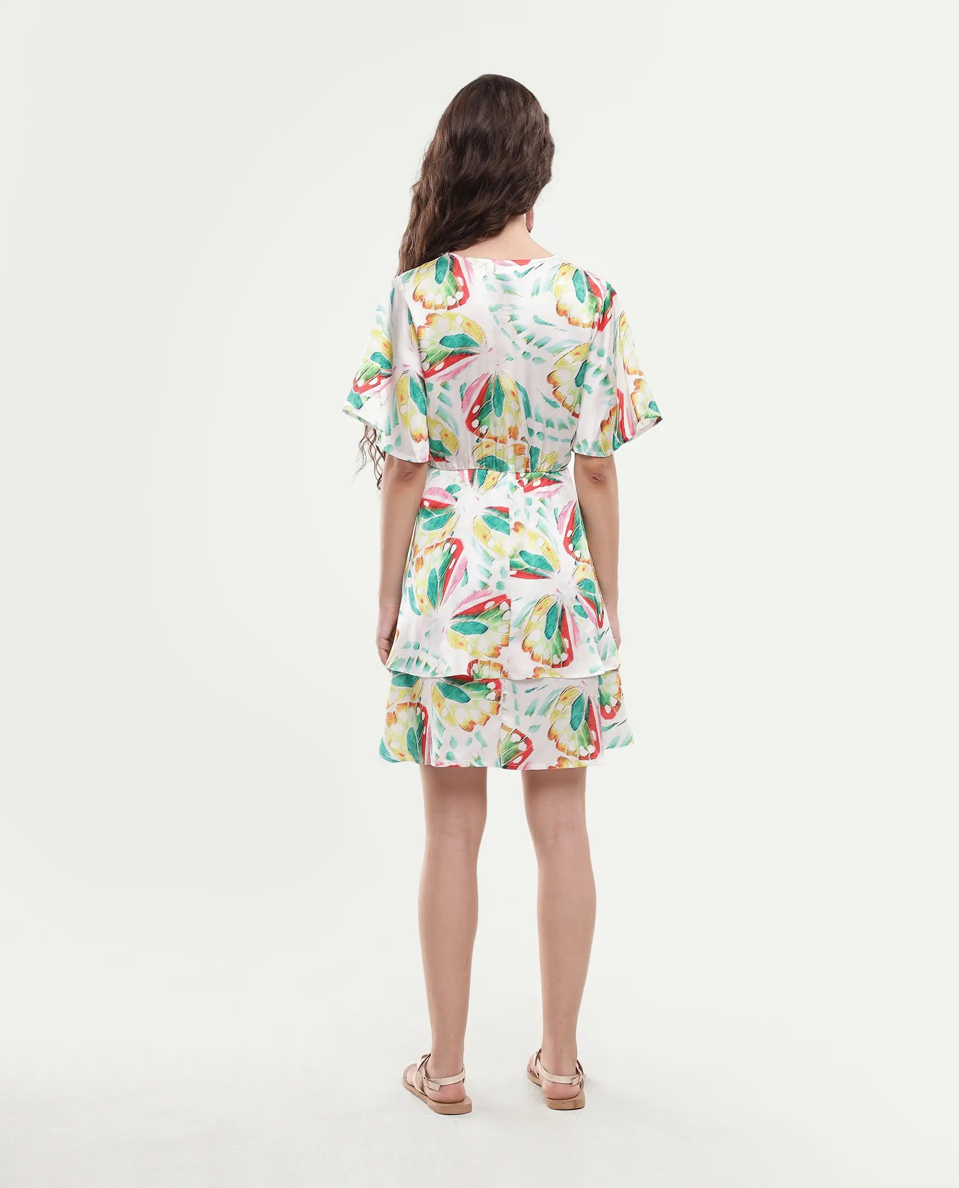 Rareism Women's Crelomi Light Multi Overlap Neck Floral Print Mini Fit And Flare Dress