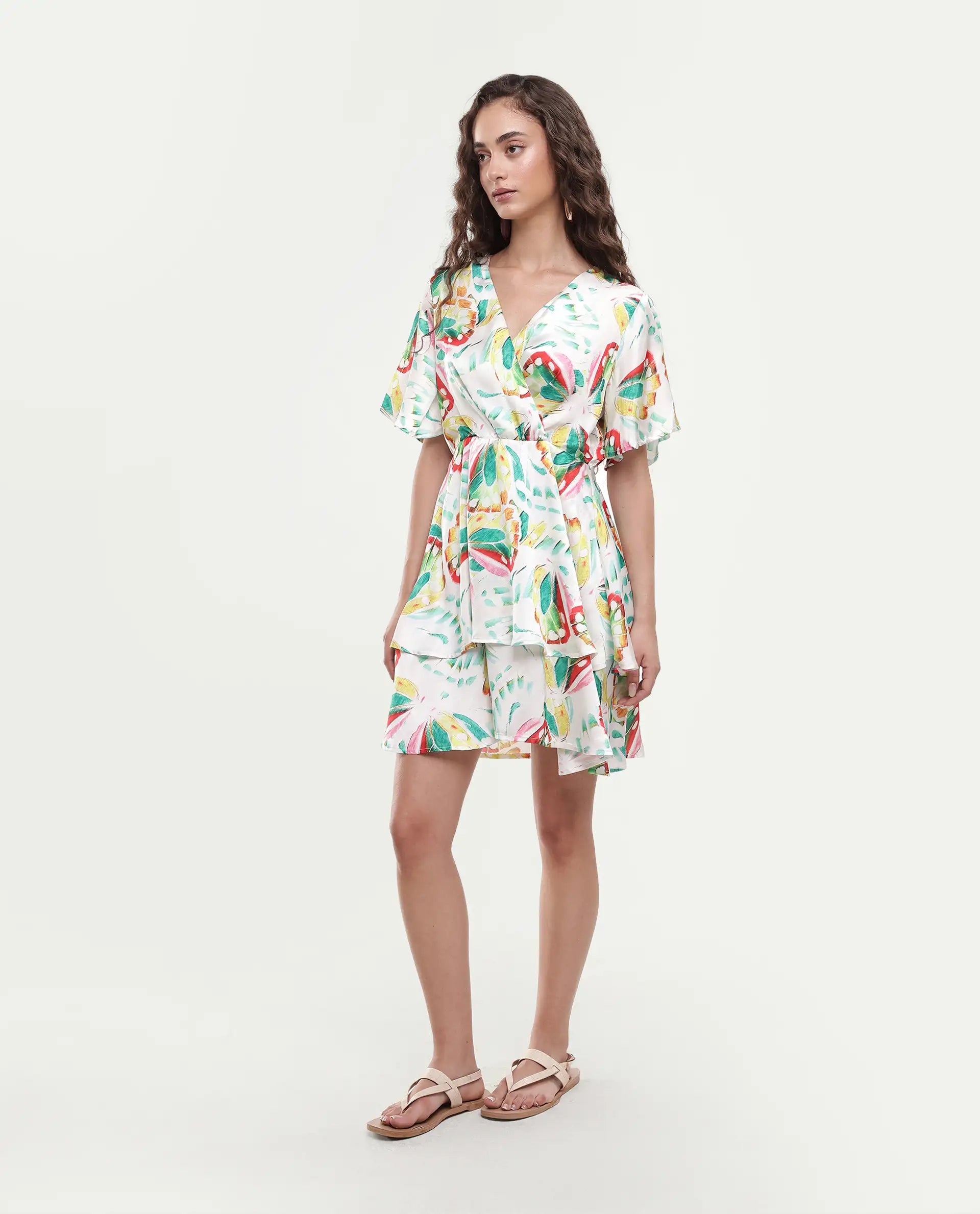 Rareism Women's Crelomi Light Multi Overlap Neck Floral Print Mini Fit And Flare Dress