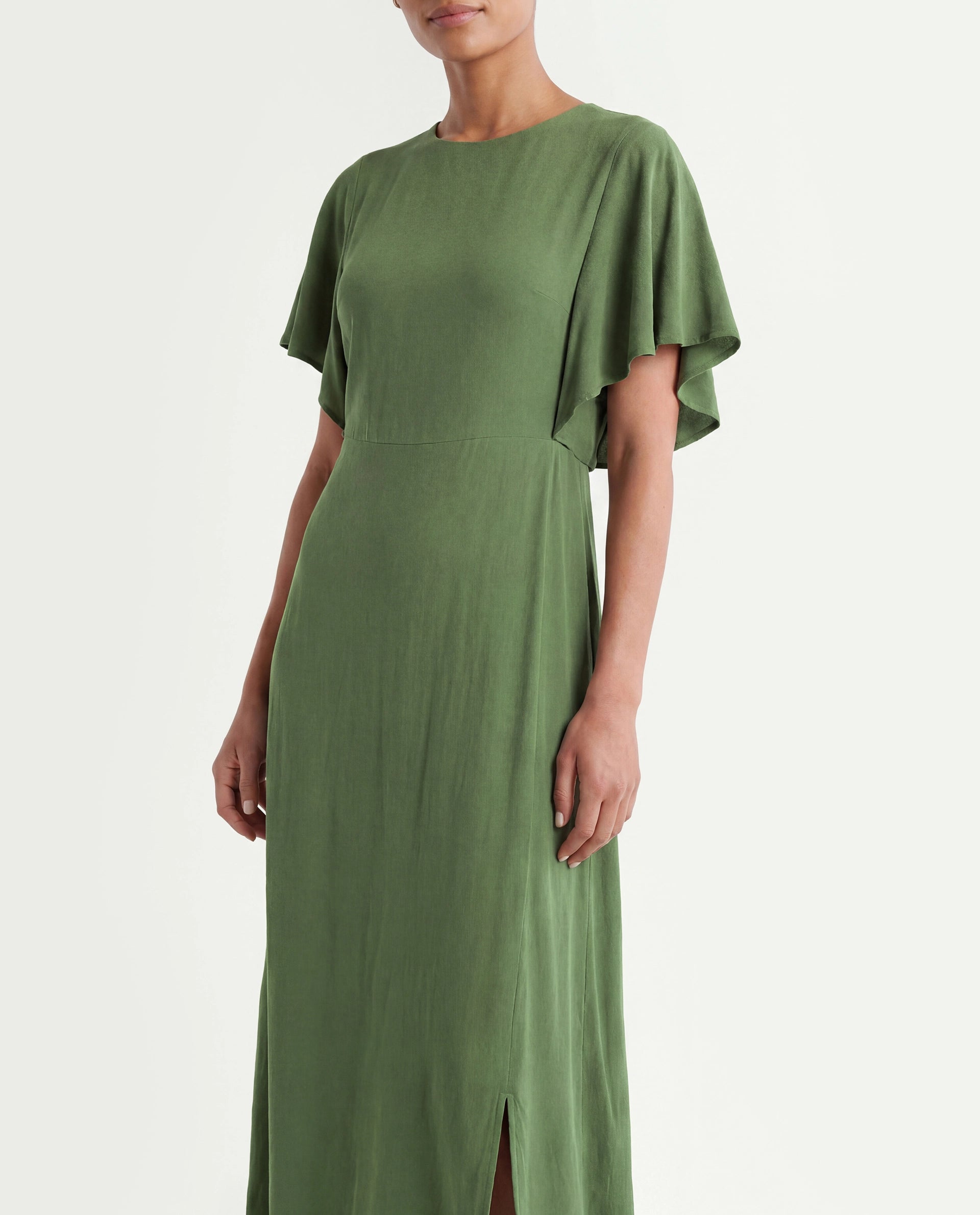 Rareism Women's Dana Green Crew Neck Plain Ruffled Sleeve Midi Fit And Flare Dress