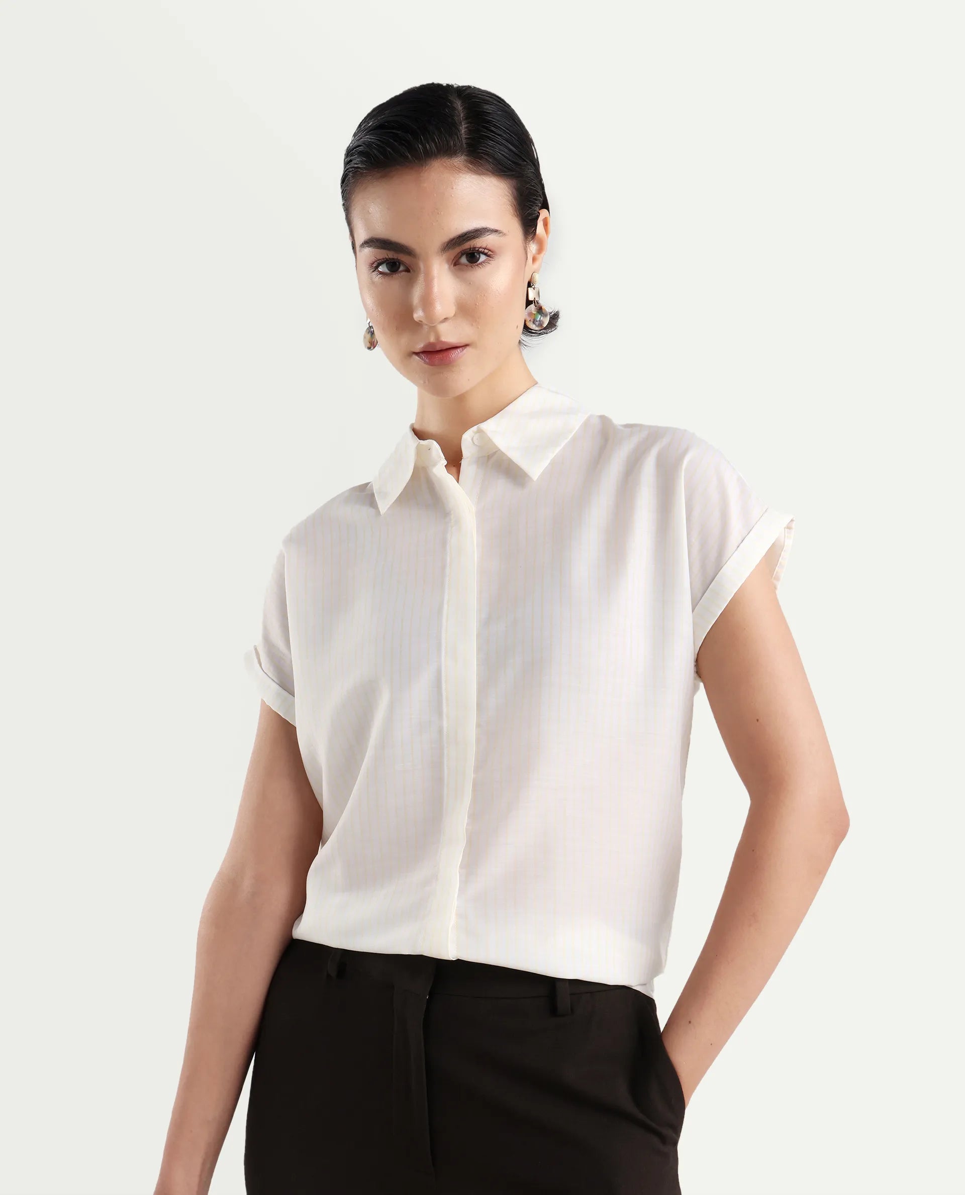 Rareism Women's Europa Light White Drop Collar Striped Extended Sleeves Regular Fit Top