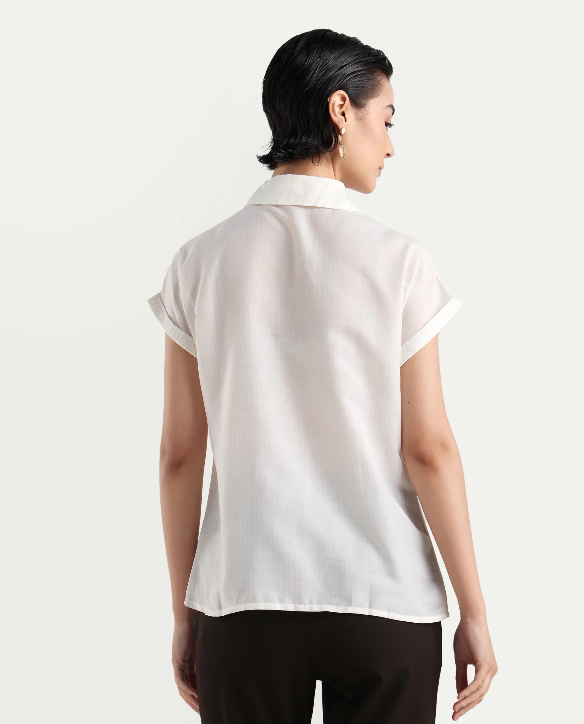 Rareism Women's Europa Light White Drop Collar Striped Extended Sleeves Regular Fit Top