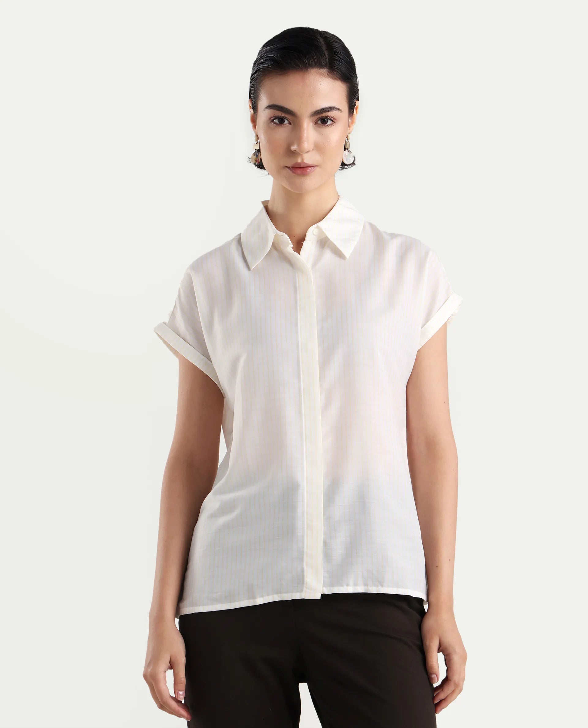 Rareism Women's Europa Light White Drop Collar Striped Extended Sleeves Regular Fit Top