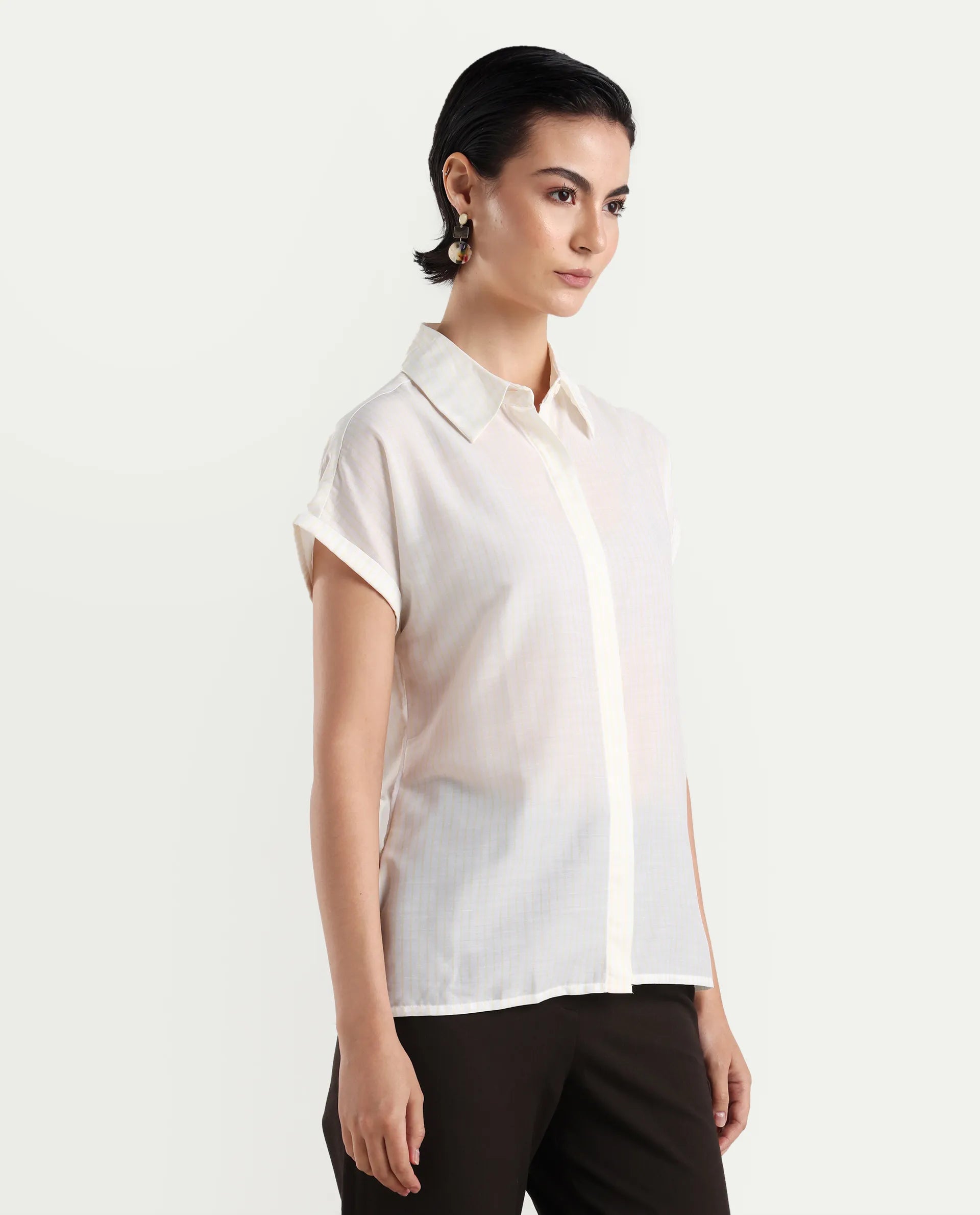 Rareism Women's Europa Light White Drop Collar Striped Extended Sleeves Regular Fit Top