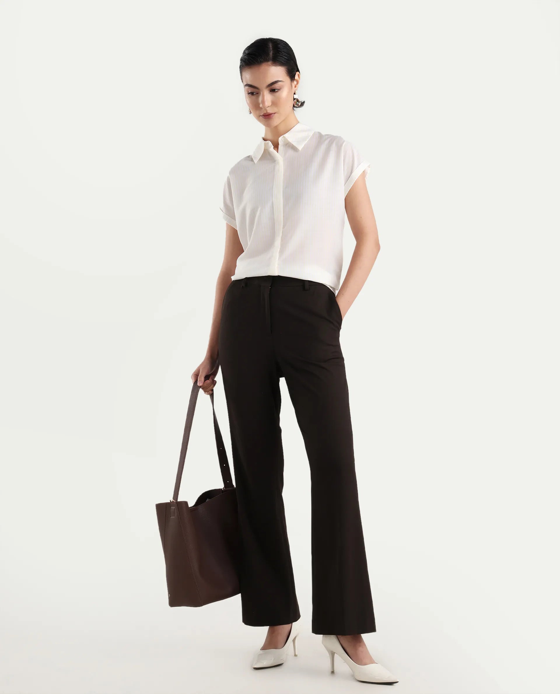 Rareism Women's Europa Light White Drop Collar Striped Extended Sleeves Regular Fit Top