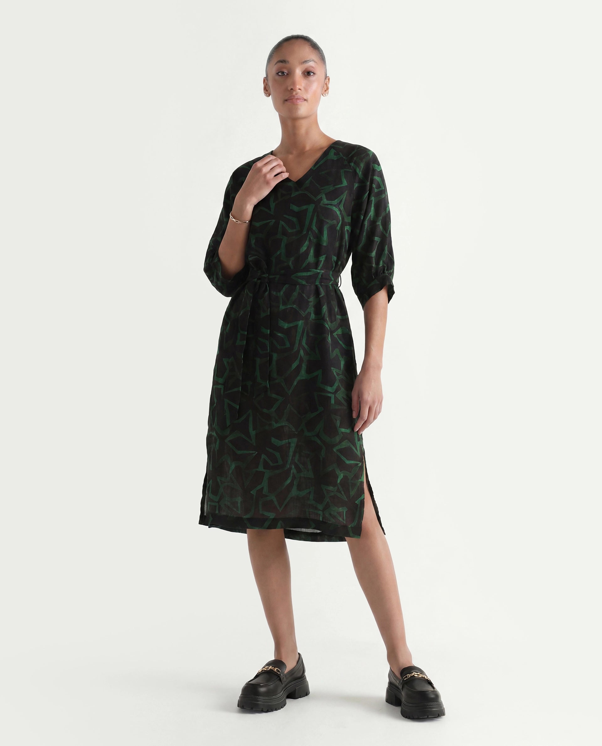 Rareism Women's Feray Dark Black Linen V-Neck Geometric Print Bishop Sleeve Midi A-Line Dress