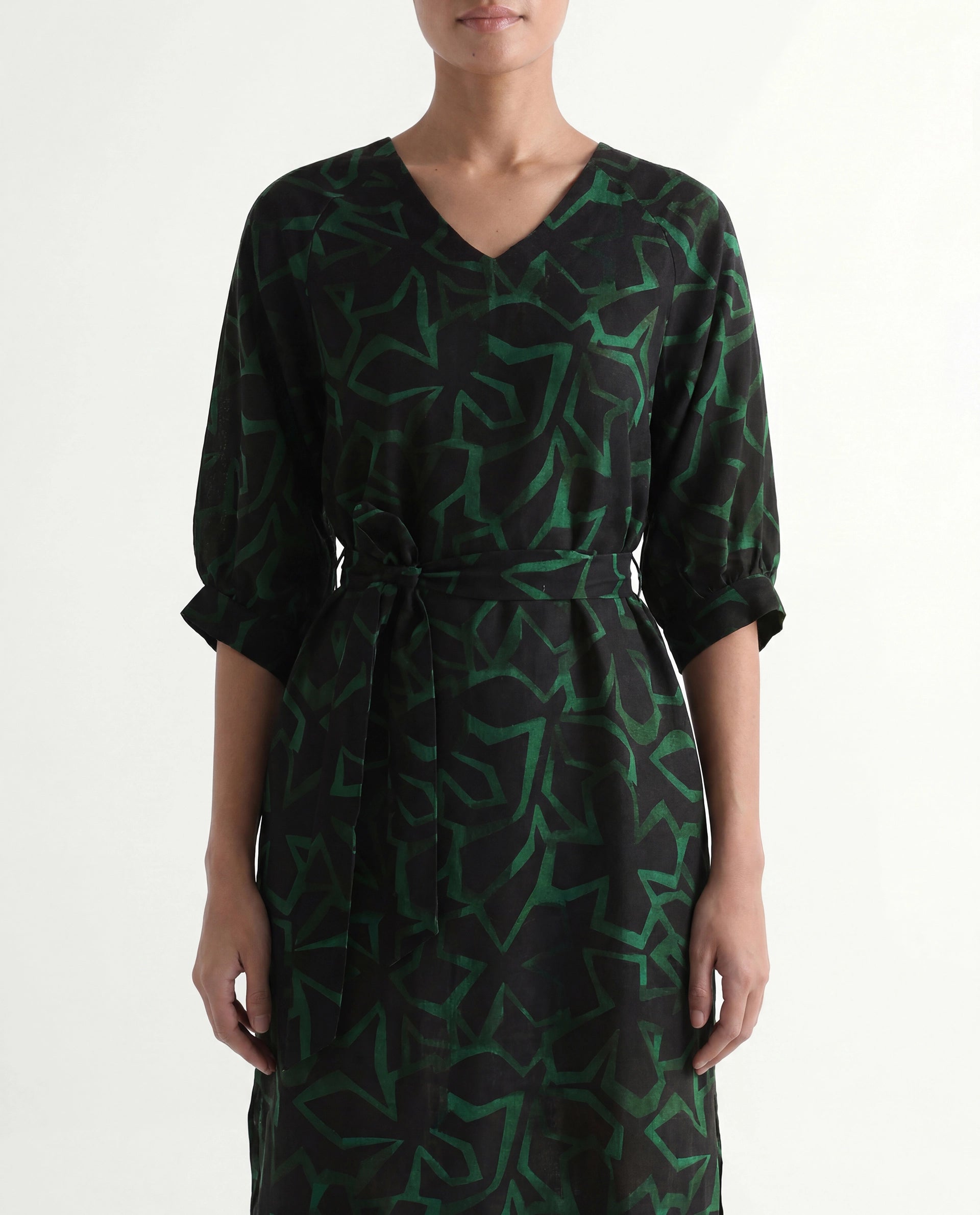 Rareism Women's Feray Dark Black Linen V-Neck Geometric Print Bishop Sleeve Midi A-Line Dress