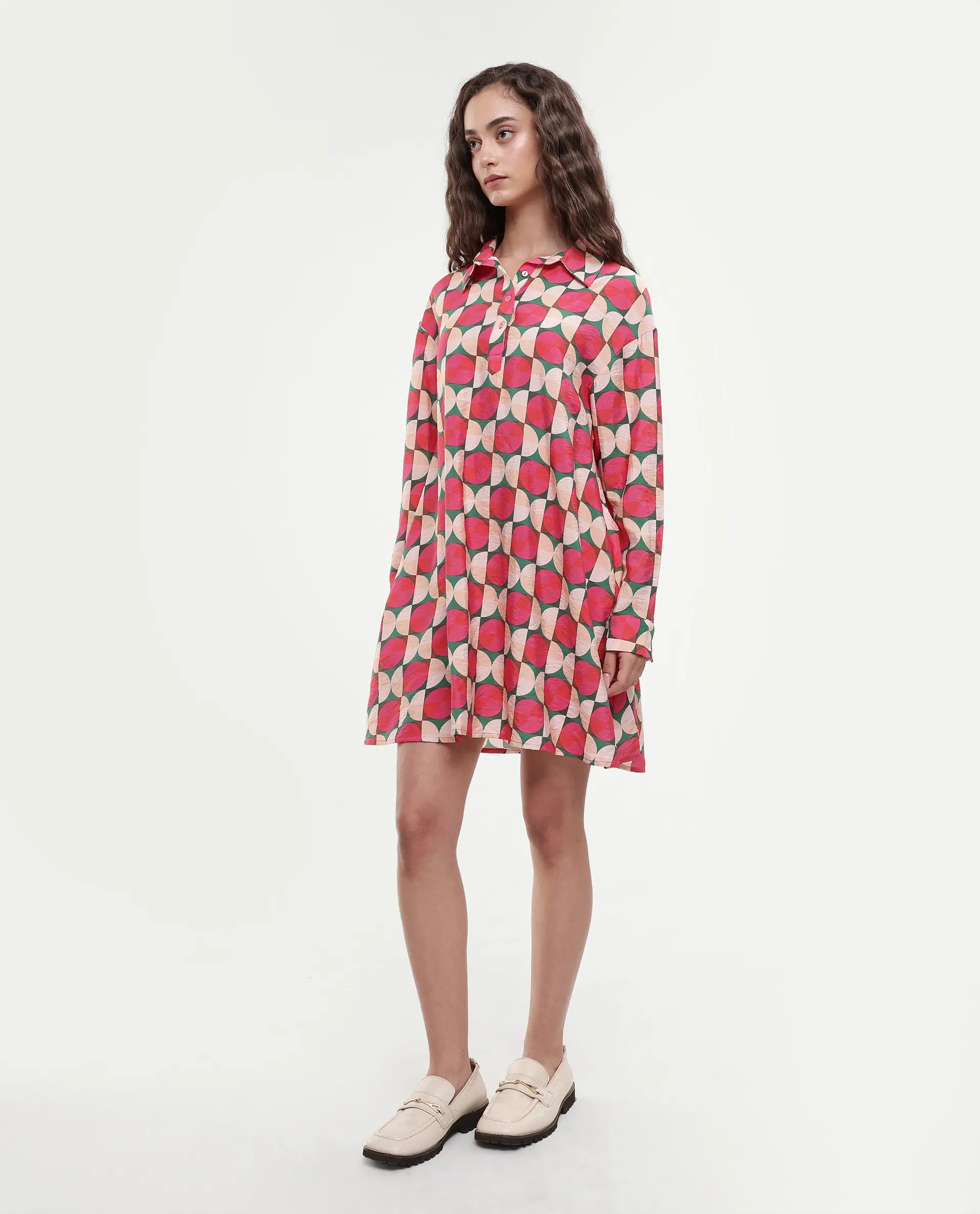 Rareism Women's Judeth Multi Drop Collar Geometric Print Cuffed Sleeve Mini A-Line Dress