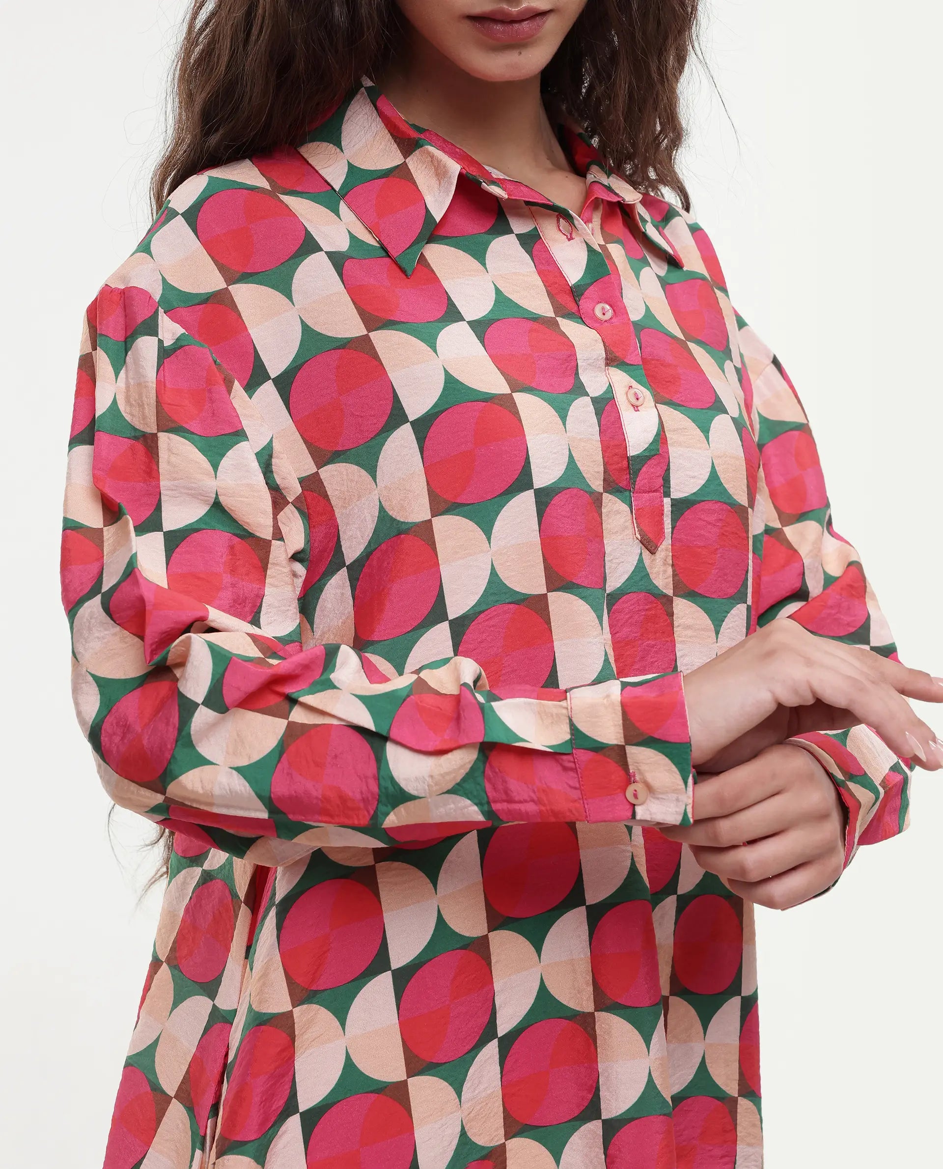Rareism Women's Judeth Multi Drop Collar Geometric Print Cuffed Sleeve Mini A-Line Dress