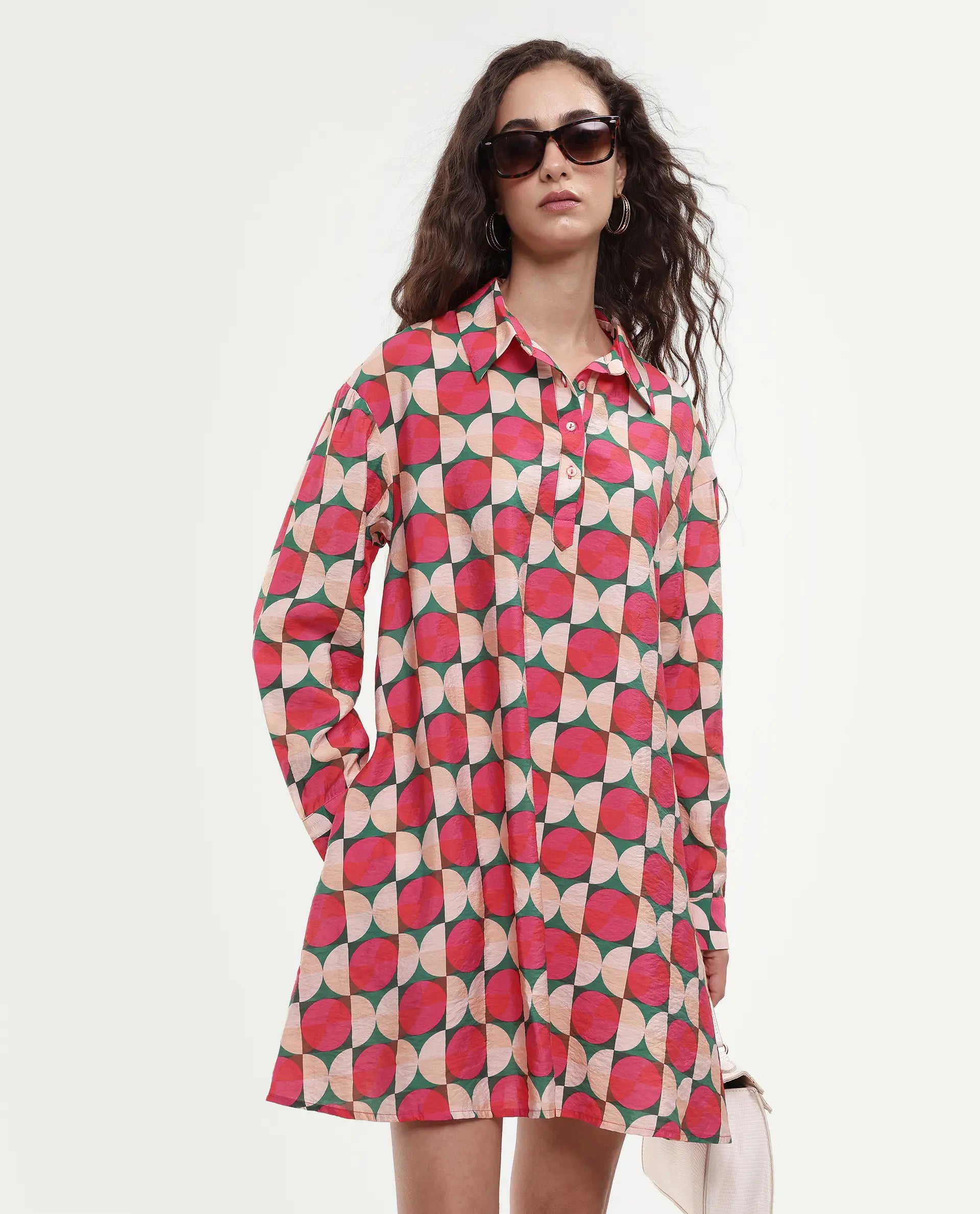 Rareism Women's Judeth Multi Drop Collar Geometric Print Cuffed Sleeve Mini A-Line Dress
