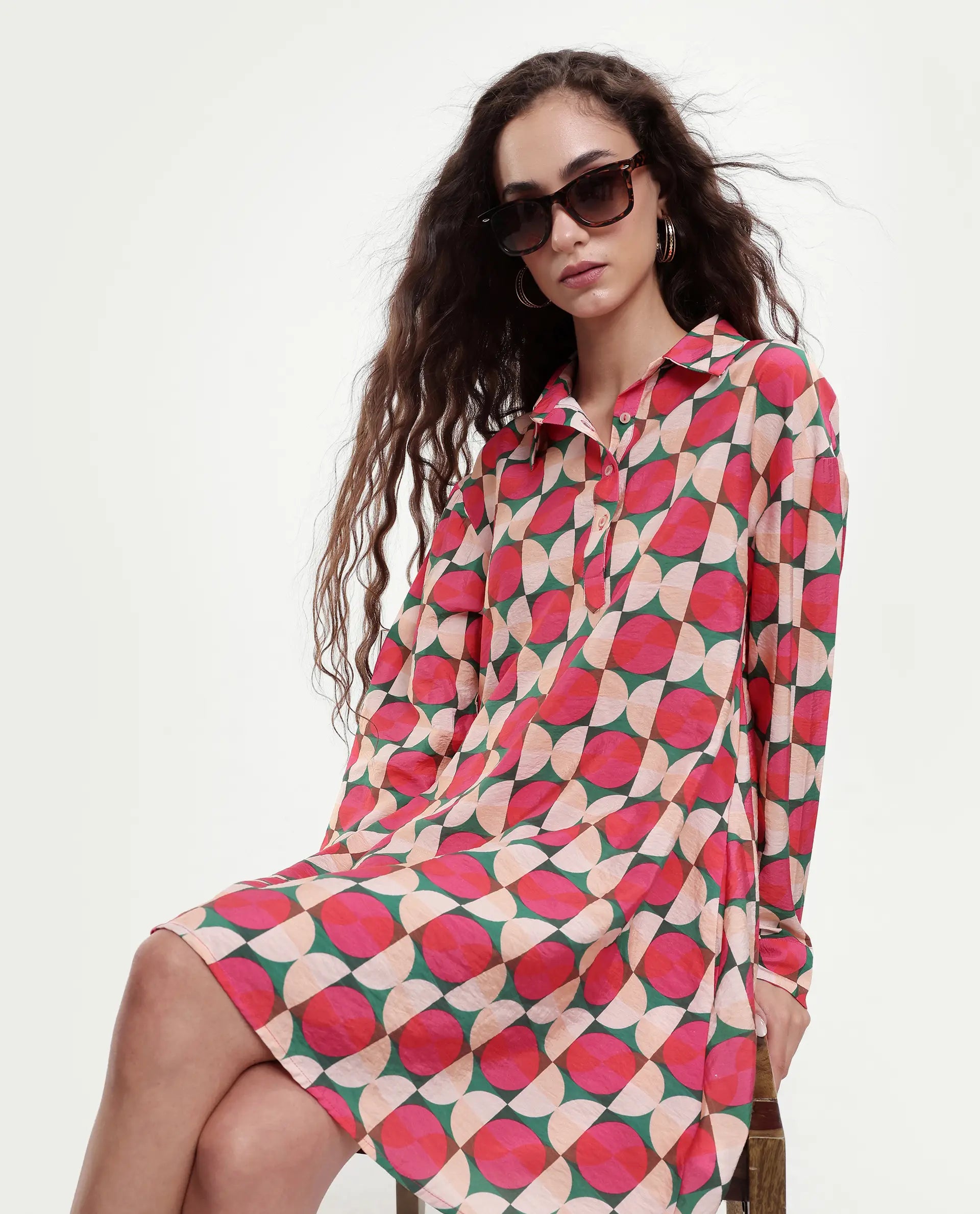 Rareism Women's Judeth Multi Drop Collar Geometric Print Cuffed Sleeve Mini A-Line Dress