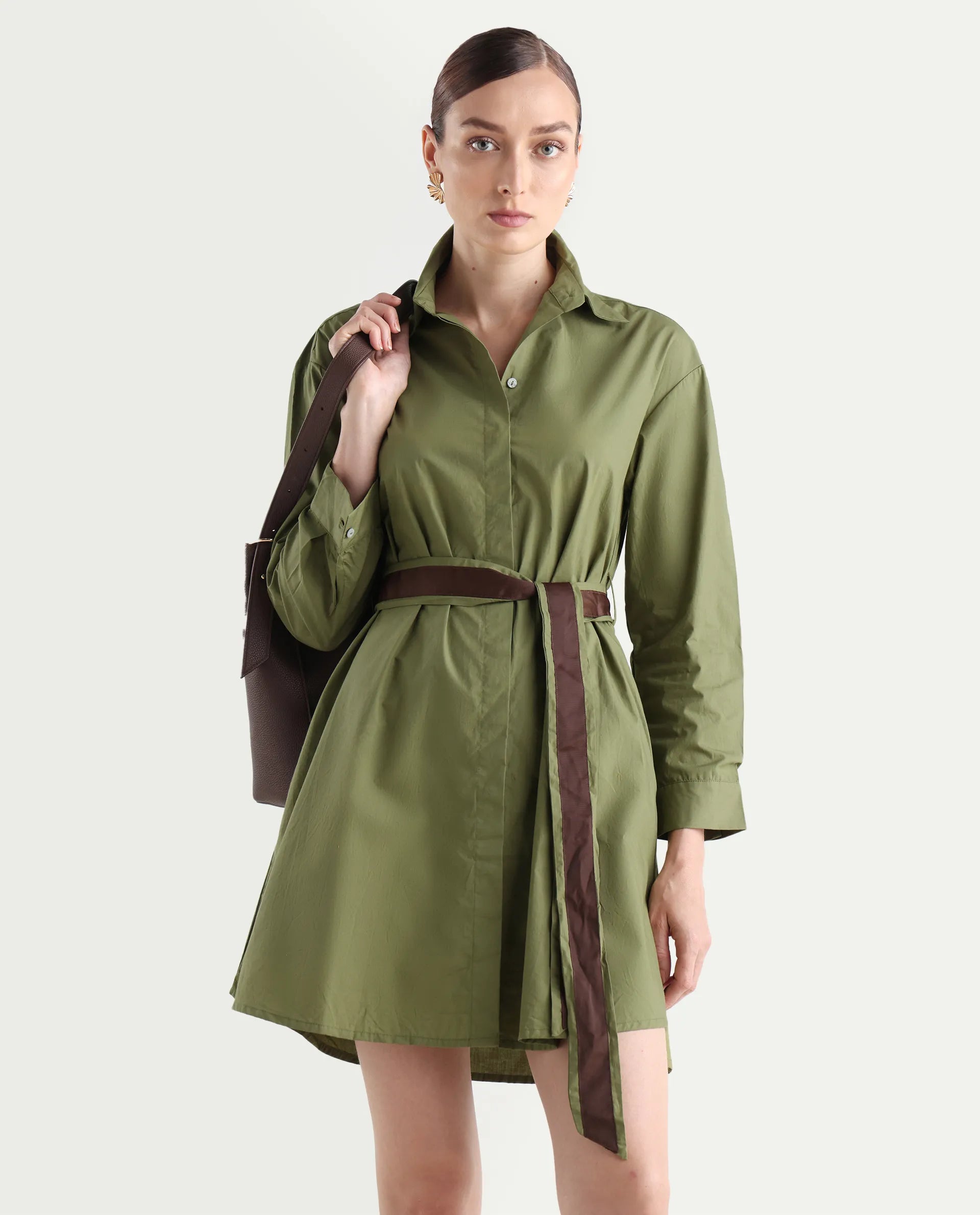 Rareism Women's Meztli Green Drop Collar Plain Cuffed Sleeve Mini A-Line Dress