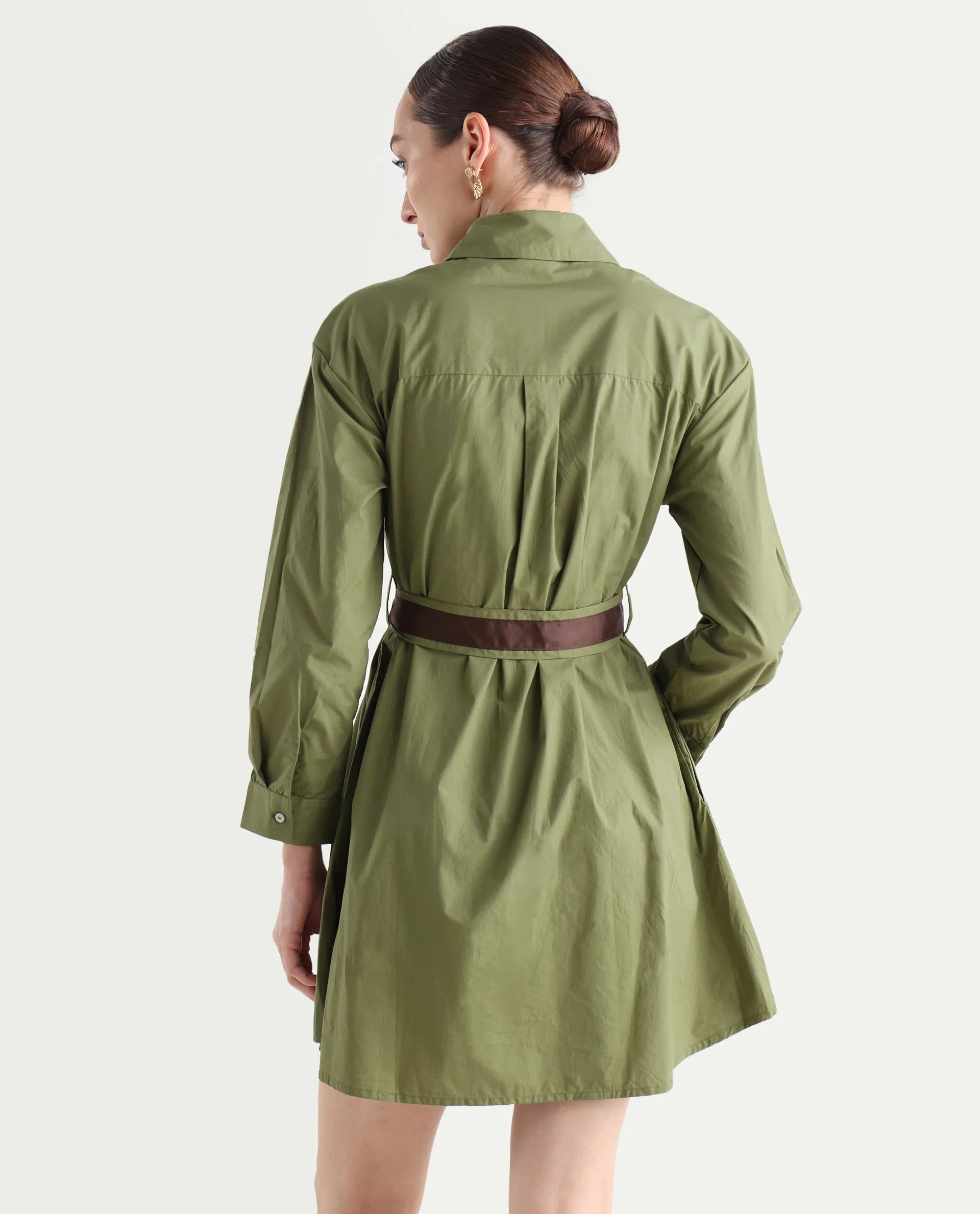 Rareism Women's Meztli Green Drop Collar Plain Cuffed Sleeve Mini A-Line Dress