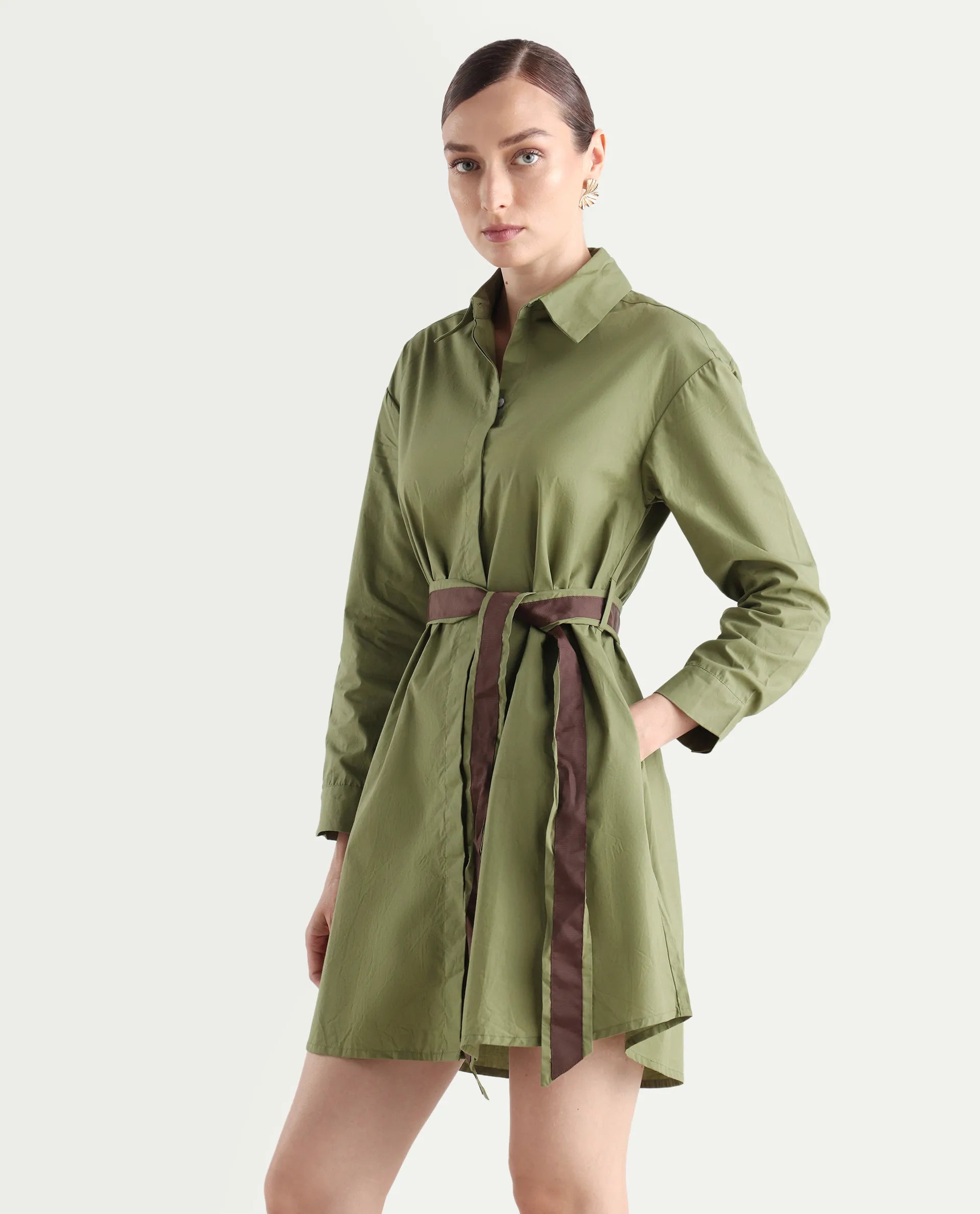 Rareism Women's Meztli Green Drop Collar Plain Cuffed Sleeve Mini A-Line Dress