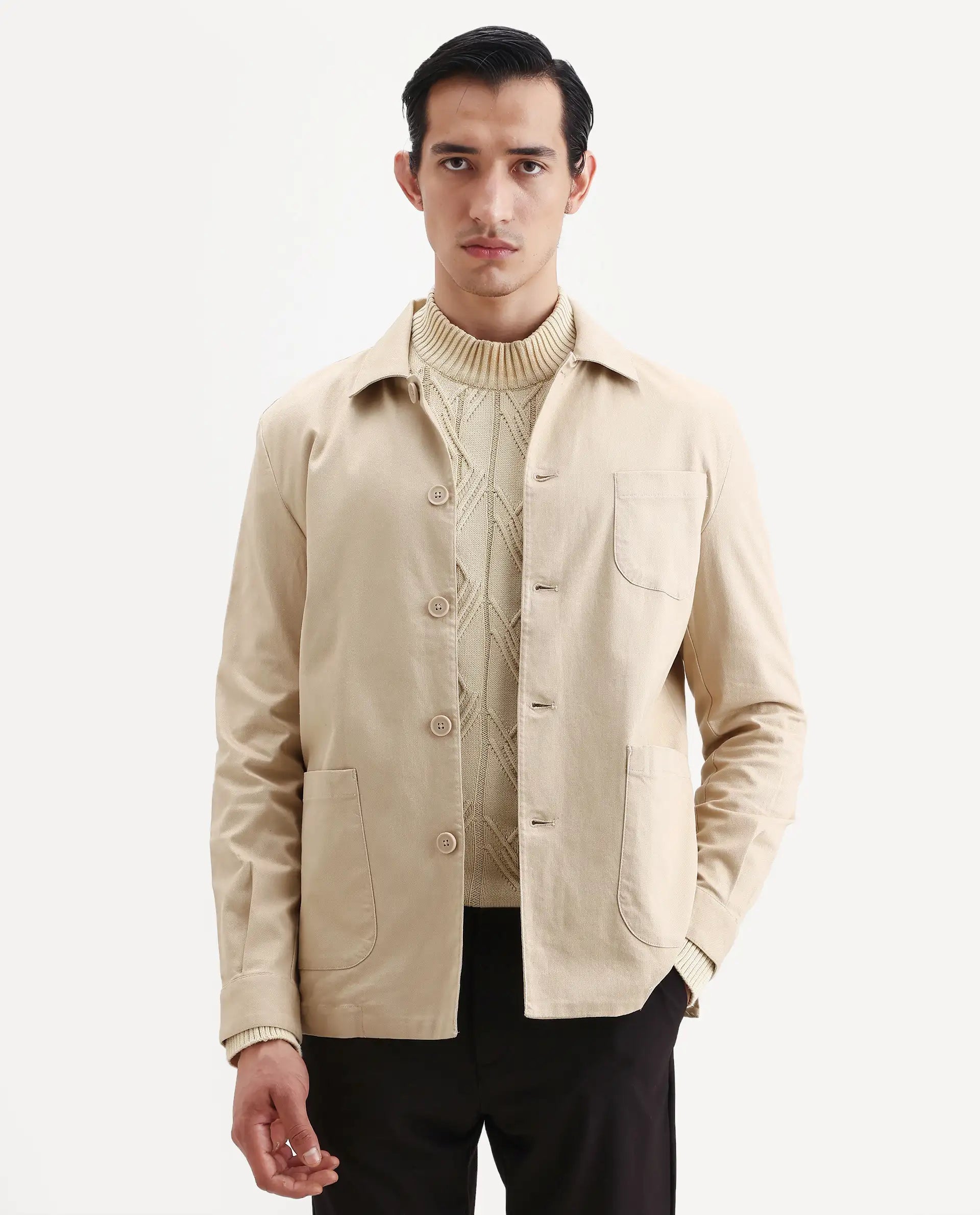 Rare Rabbit Men's Torroy Beige Cotton Blend Plain Regular Fit Full Sleeve Spread Collar Jacket