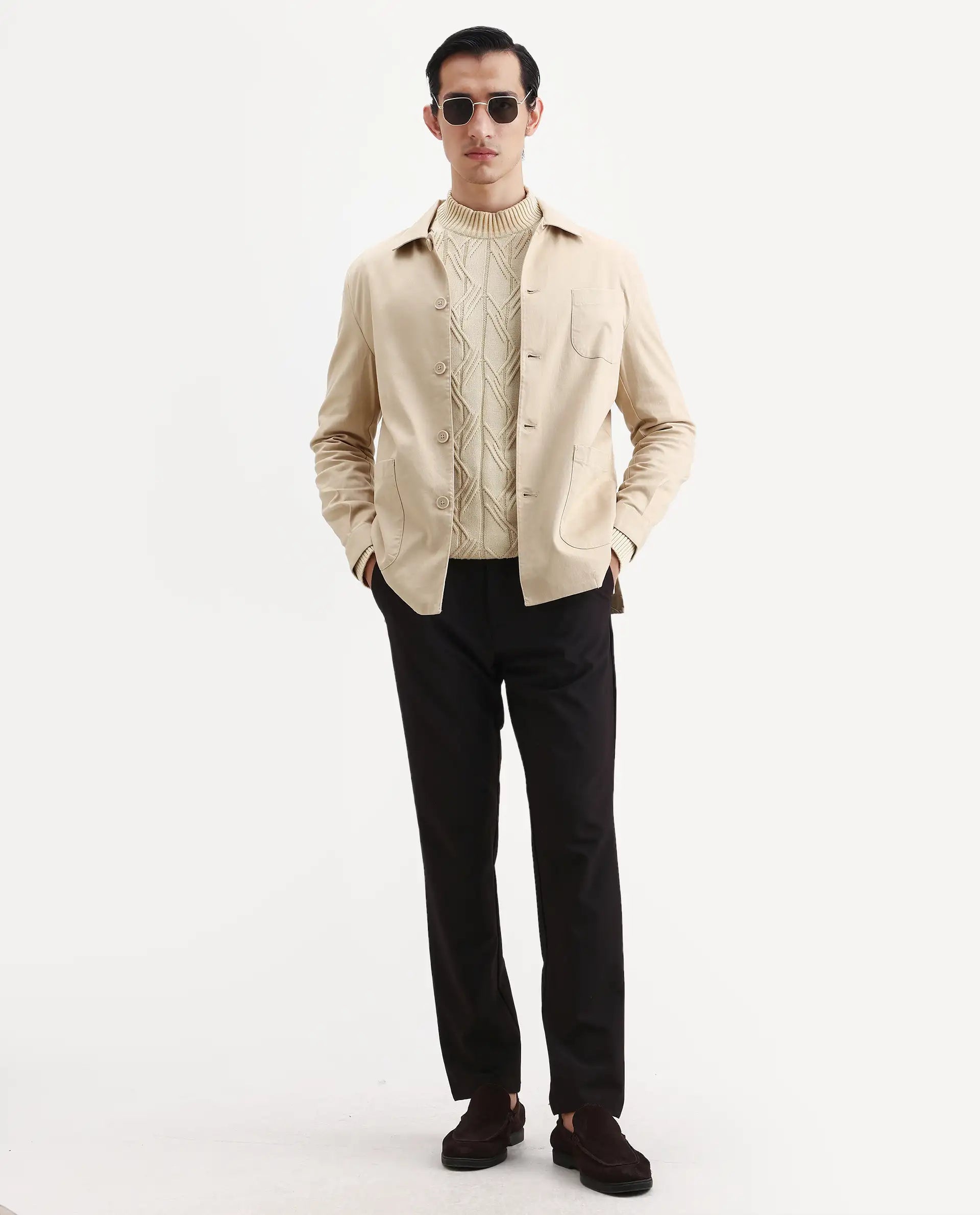 Rare Rabbit Men's Torroy Beige Cotton Blend Plain Regular Fit Full Sleeve Spread Collar Jacket