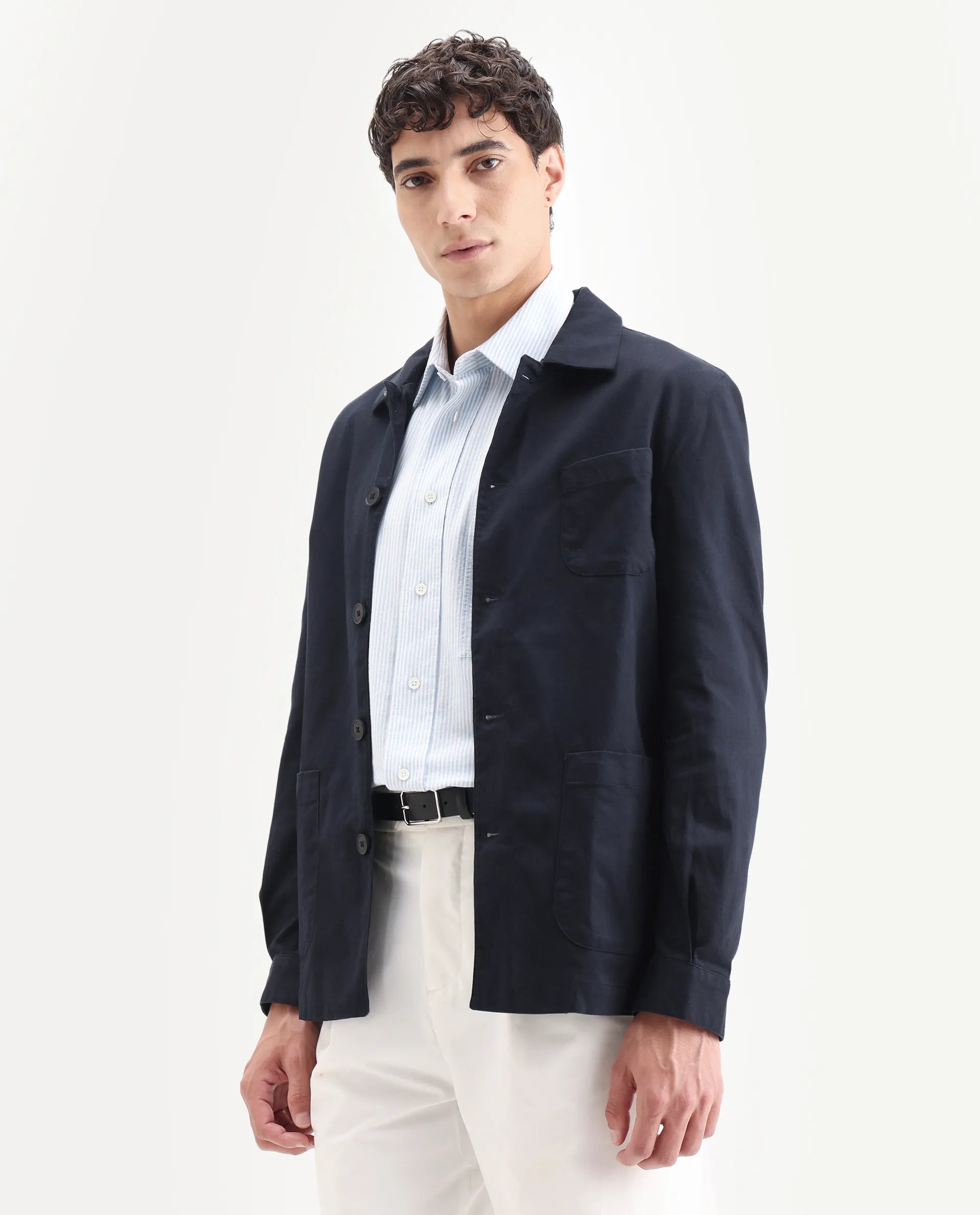 Rare Rabbit Men's Torroy Dark Navy Cotton Blend Plain Regular Fit Full Sleeve Spread Collar Jacket