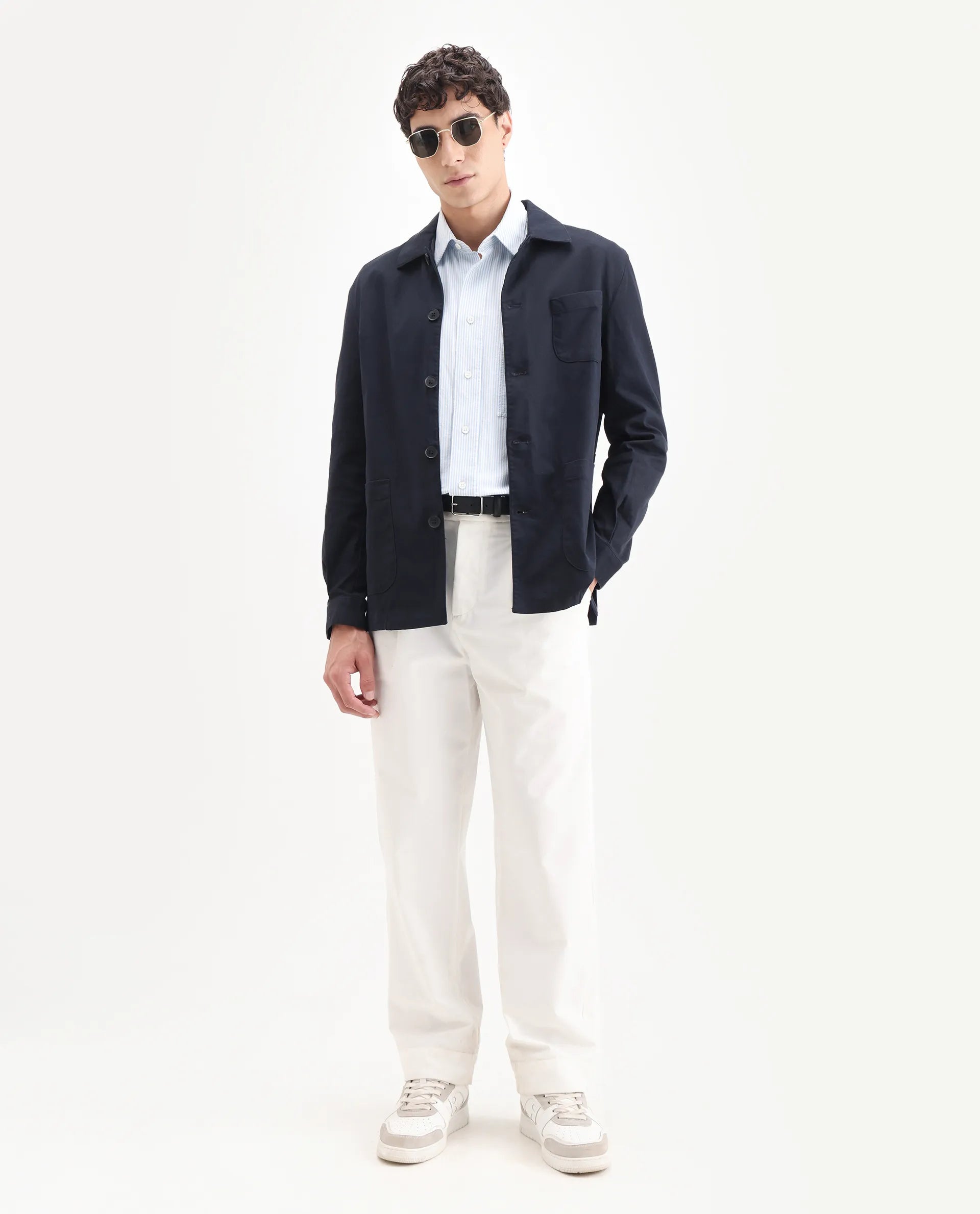 Rare Rabbit Men's Torroy Dark Navy Cotton Blend Plain Regular Fit Full Sleeve Spread Collar Jacket