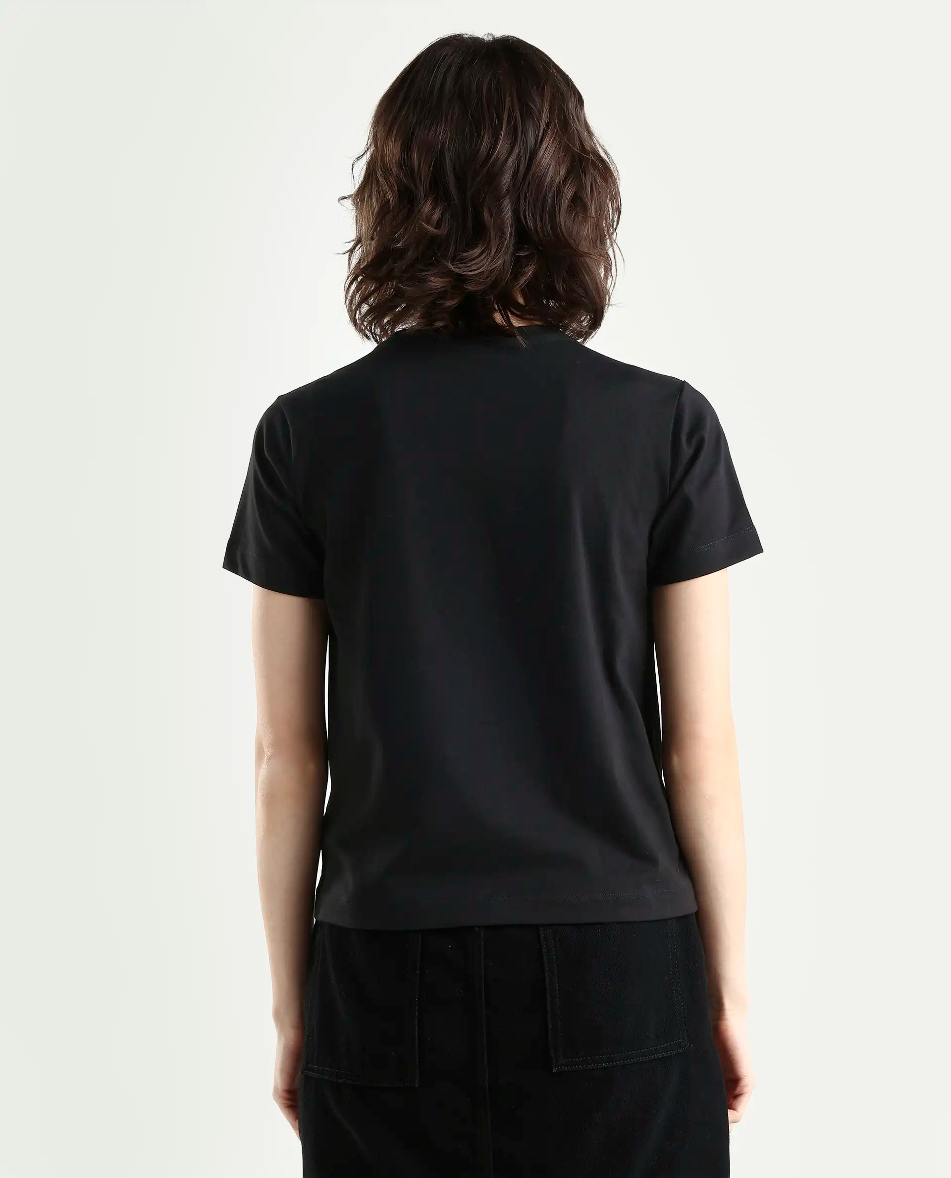 Rareism Women's Lee Black Cotton Blend Crew Neck Graphic Print Regular Fit T-Shirt