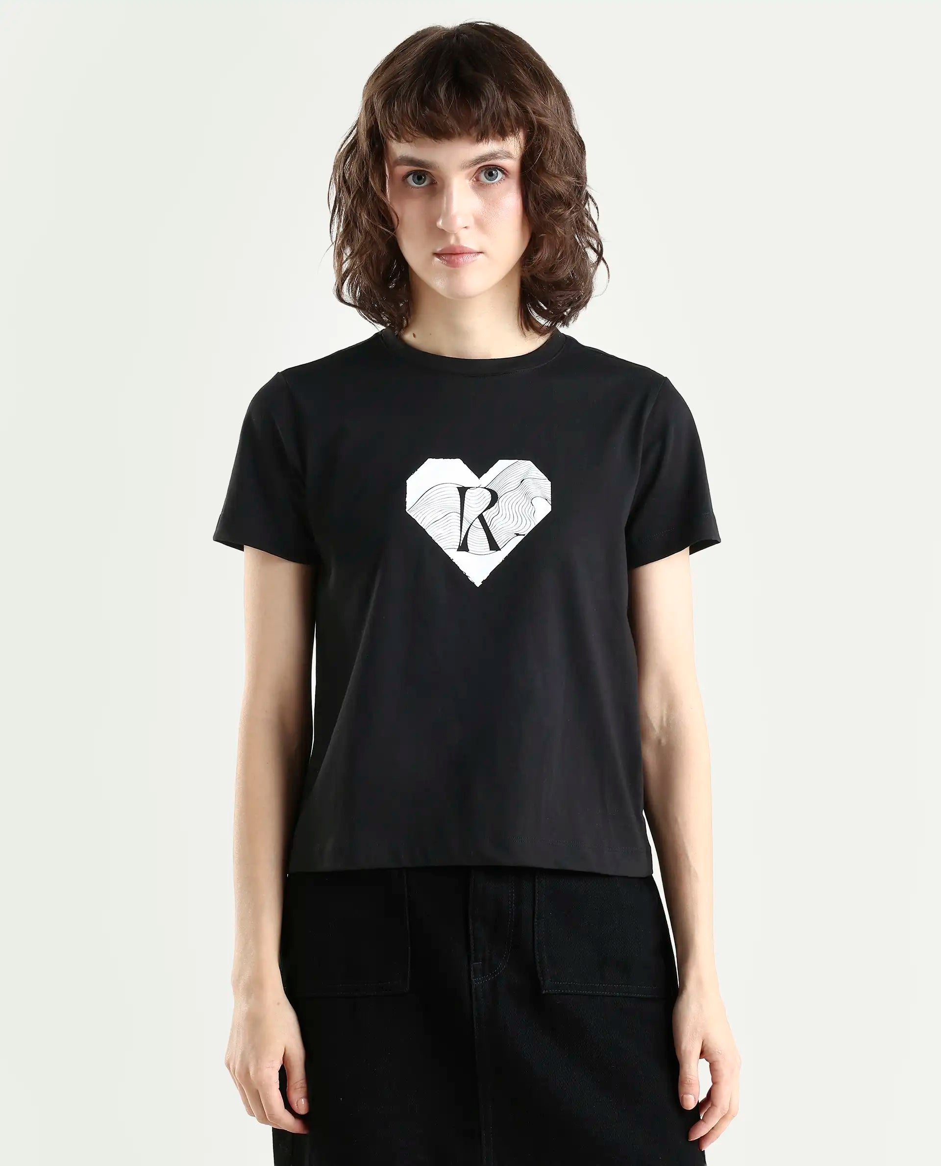 Rareism Women's Lee Black Cotton Blend Crew Neck Graphic Print Regular Fit T-Shirt