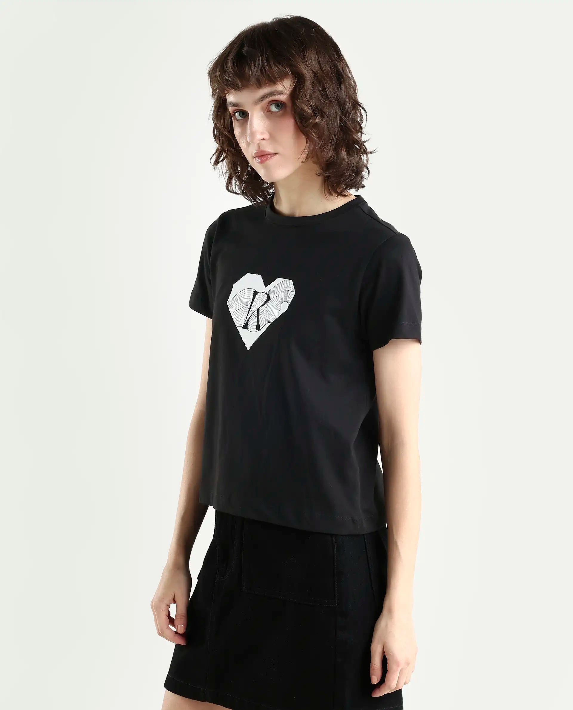 Rareism Women's Lee Black Cotton Blend Crew Neck Graphic Print Regular Fit T-Shirt