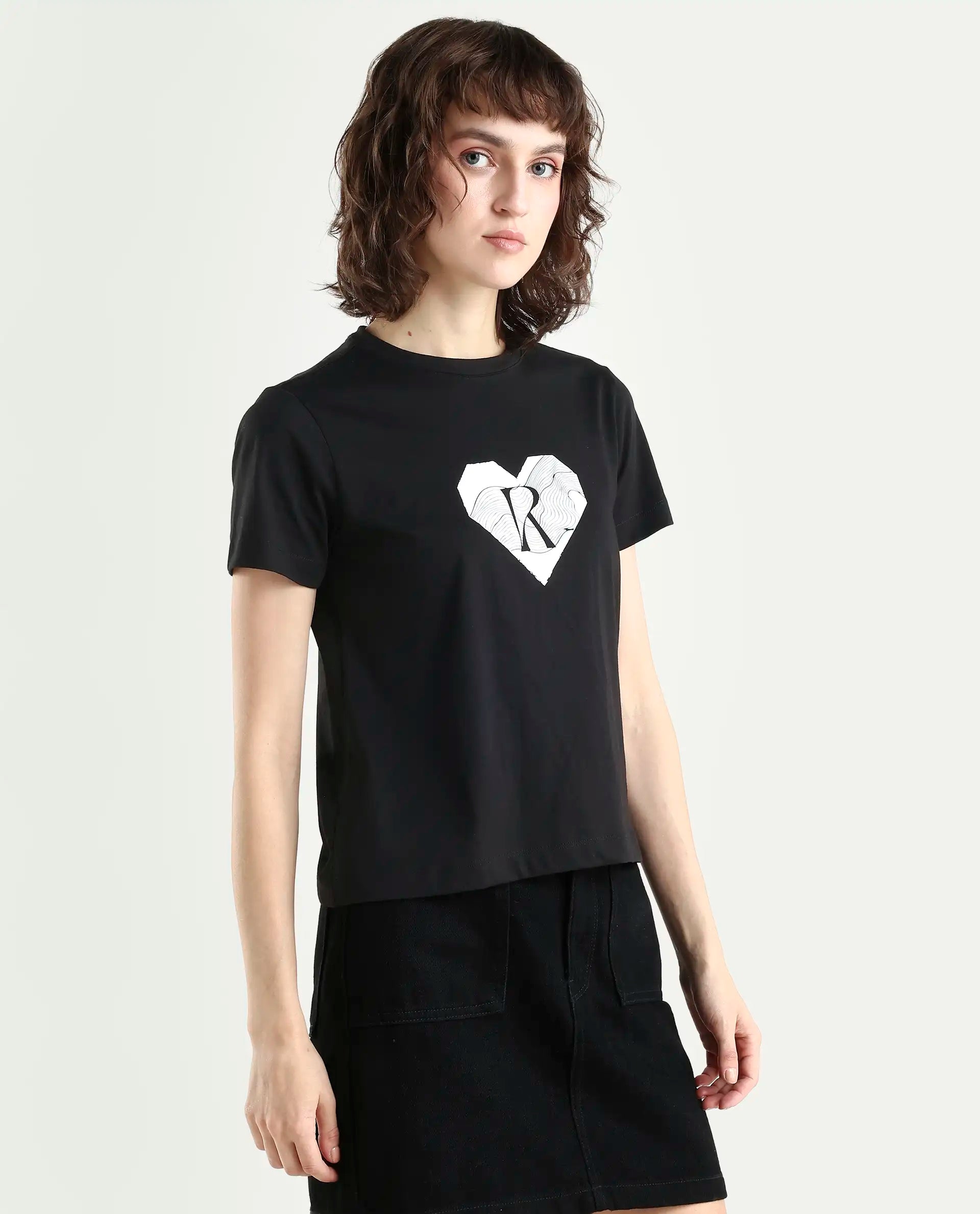 Rareism Women's Lee Black Cotton Blend Crew Neck Graphic Print Regular Fit T-Shirt