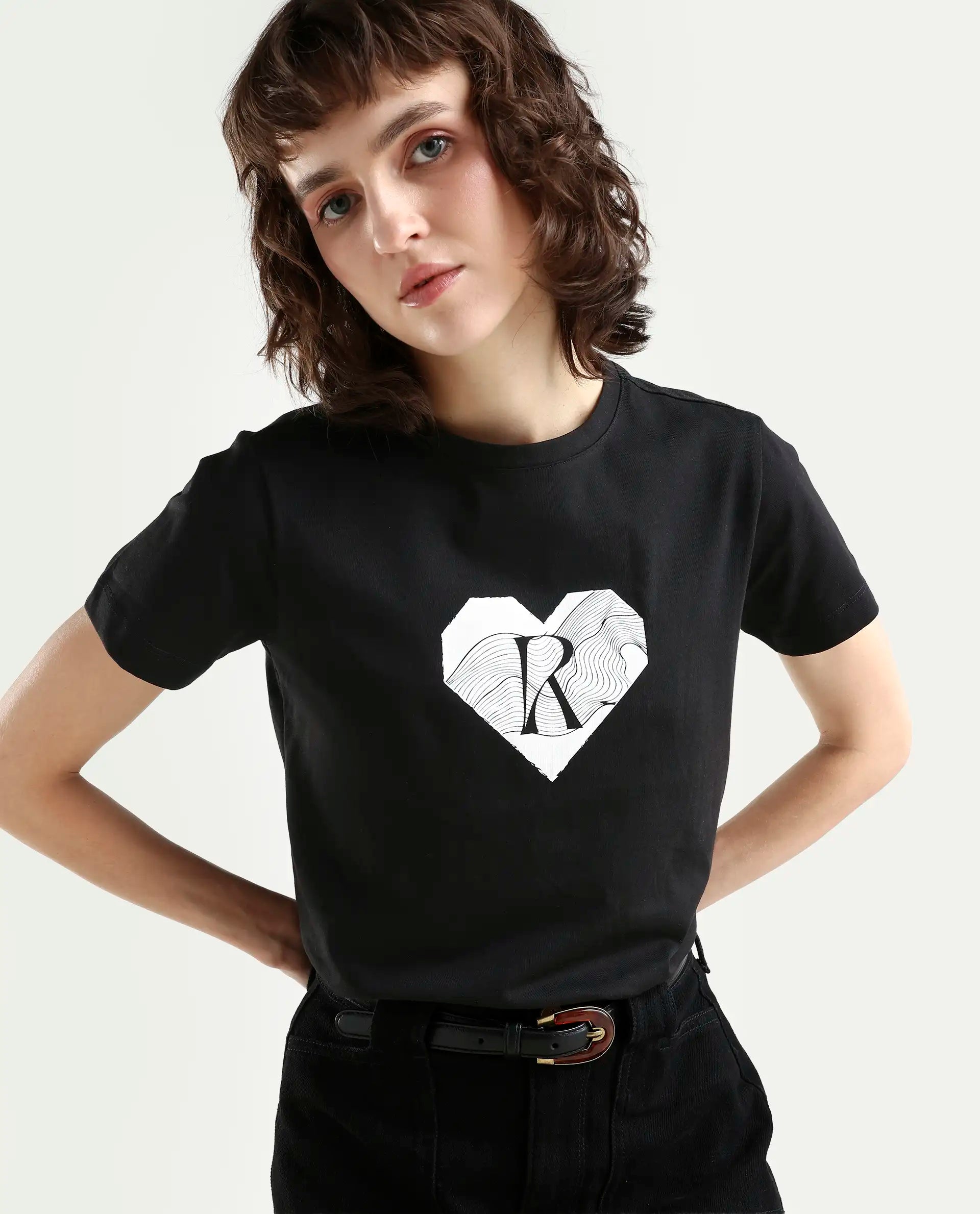 Rareism Women's Lee Black Cotton Blend Crew Neck Graphic Print Regular Fit T-Shirt