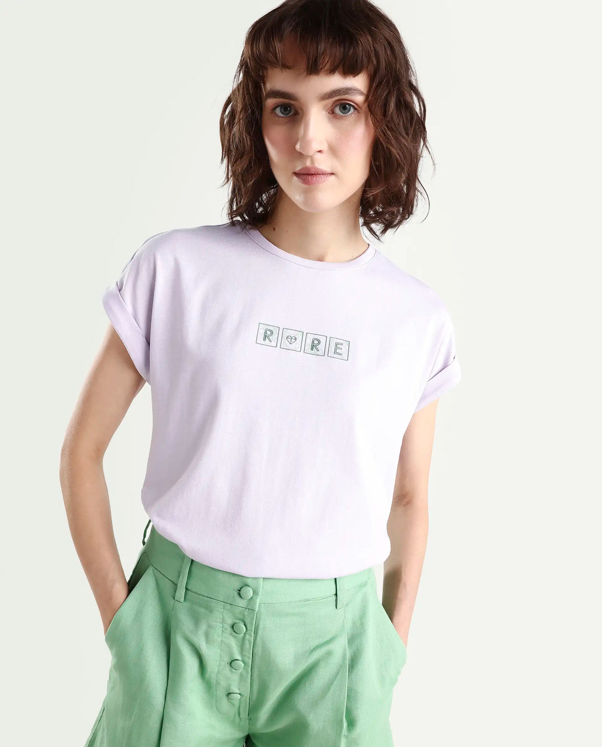 Rareism Women's Alexy Pastel Purple Cotton Blend Crew Neck Graphic Print Extended Sleeves Regular Fit T-Shirt