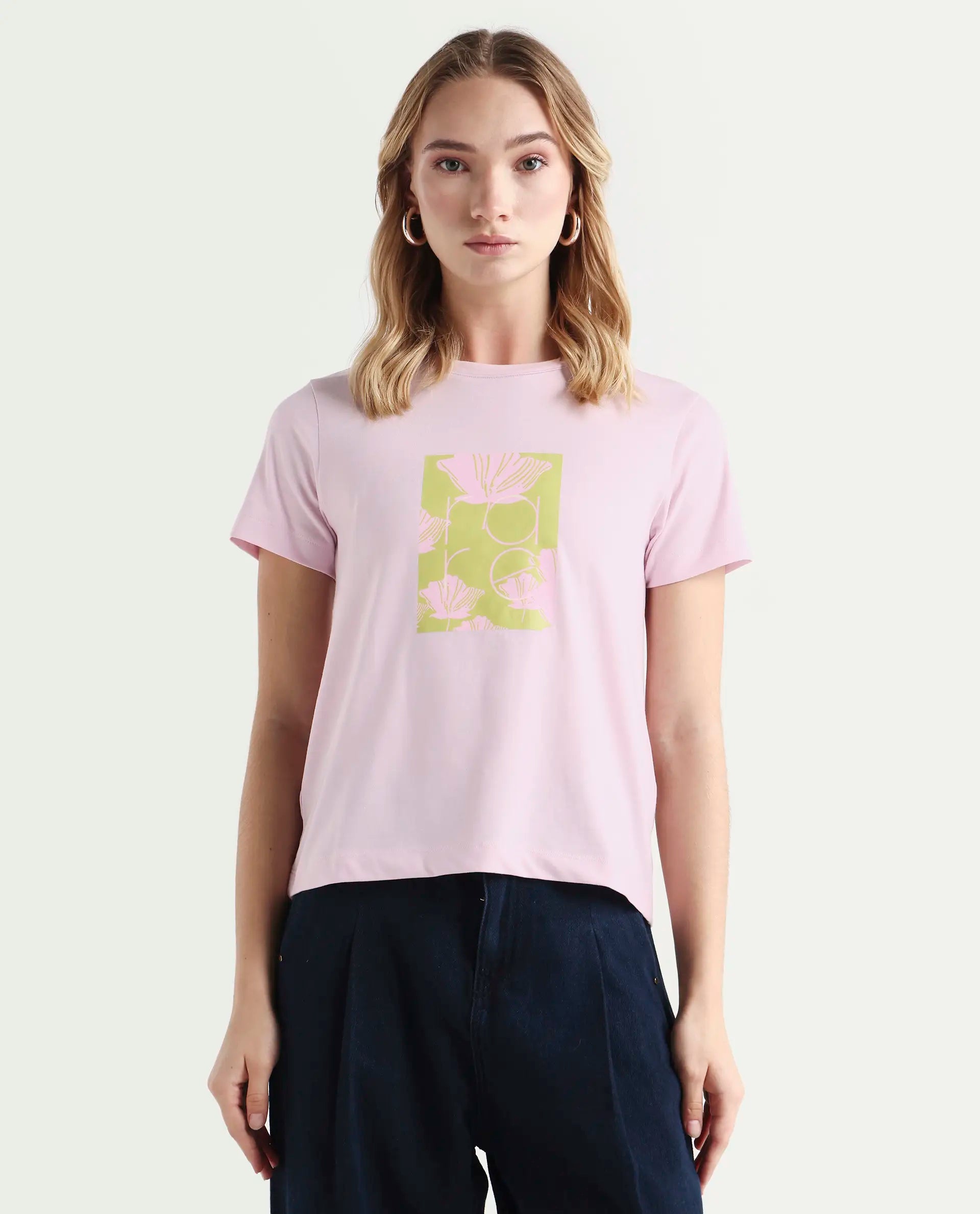 Rareism Women's Kirk Pink Cotton Crew Neck Graphic Print Regular Fit T-Shirt
