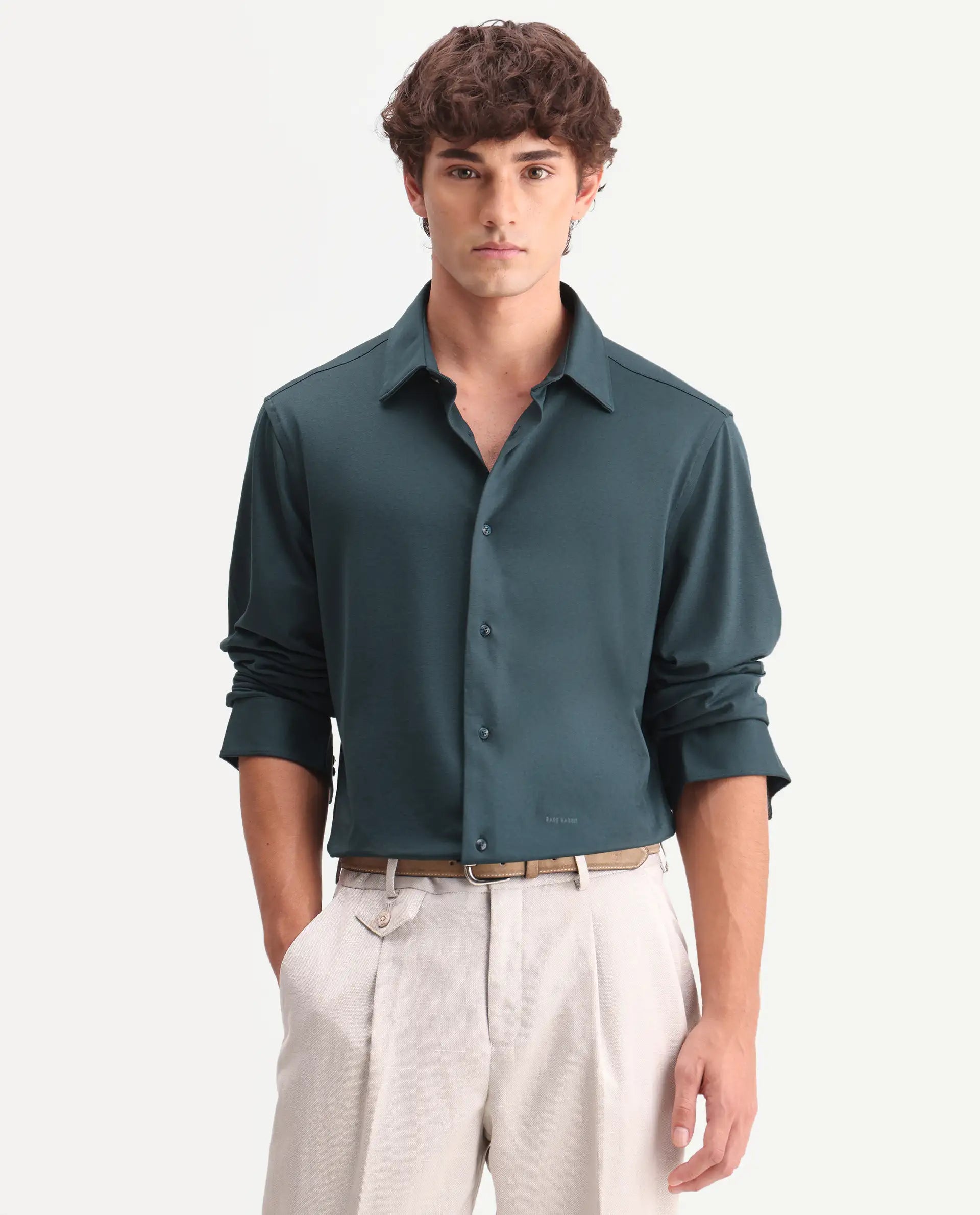 Rare Rabbit Men's Flyknit Dusky Teal Cotton Plain Regular Fit Full Sleeve Collared Shirt