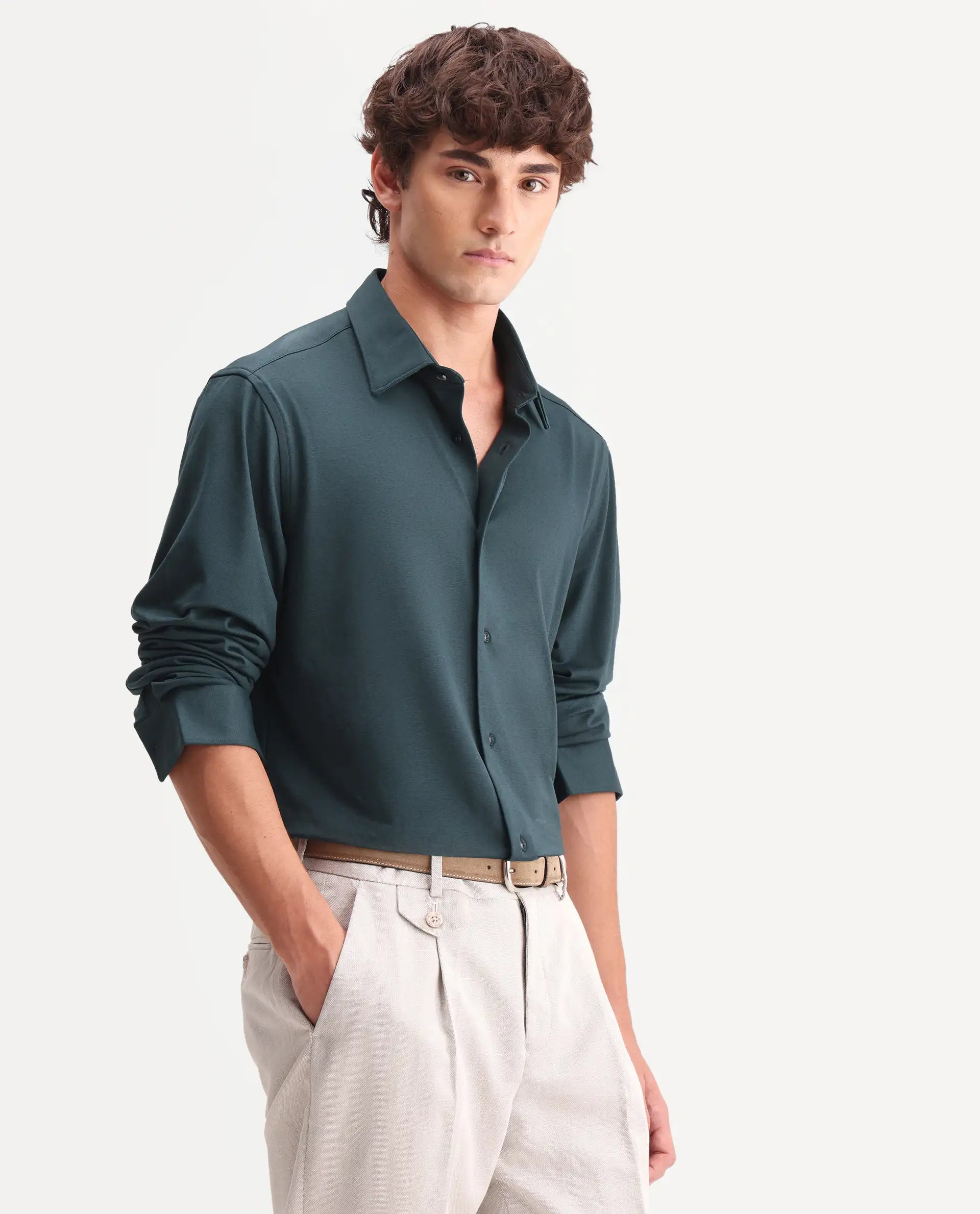 Rare Rabbit Men's Flyknit Dusky Teal Cotton Plain Regular Fit Full Sleeve Collared Shirt