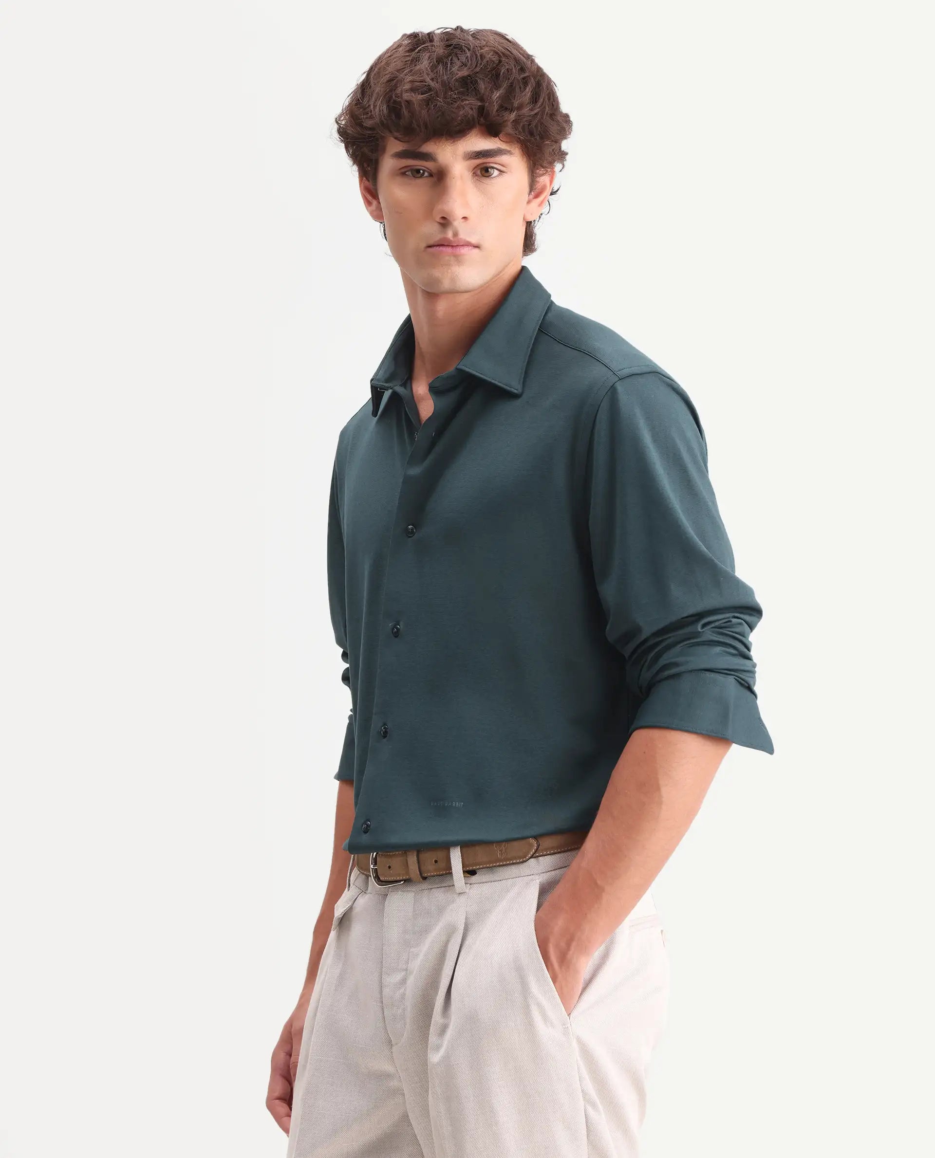 Rare Rabbit Men's Flyknit Dusky Teal Cotton Plain Regular Fit Full Sleeve Collared Shirt