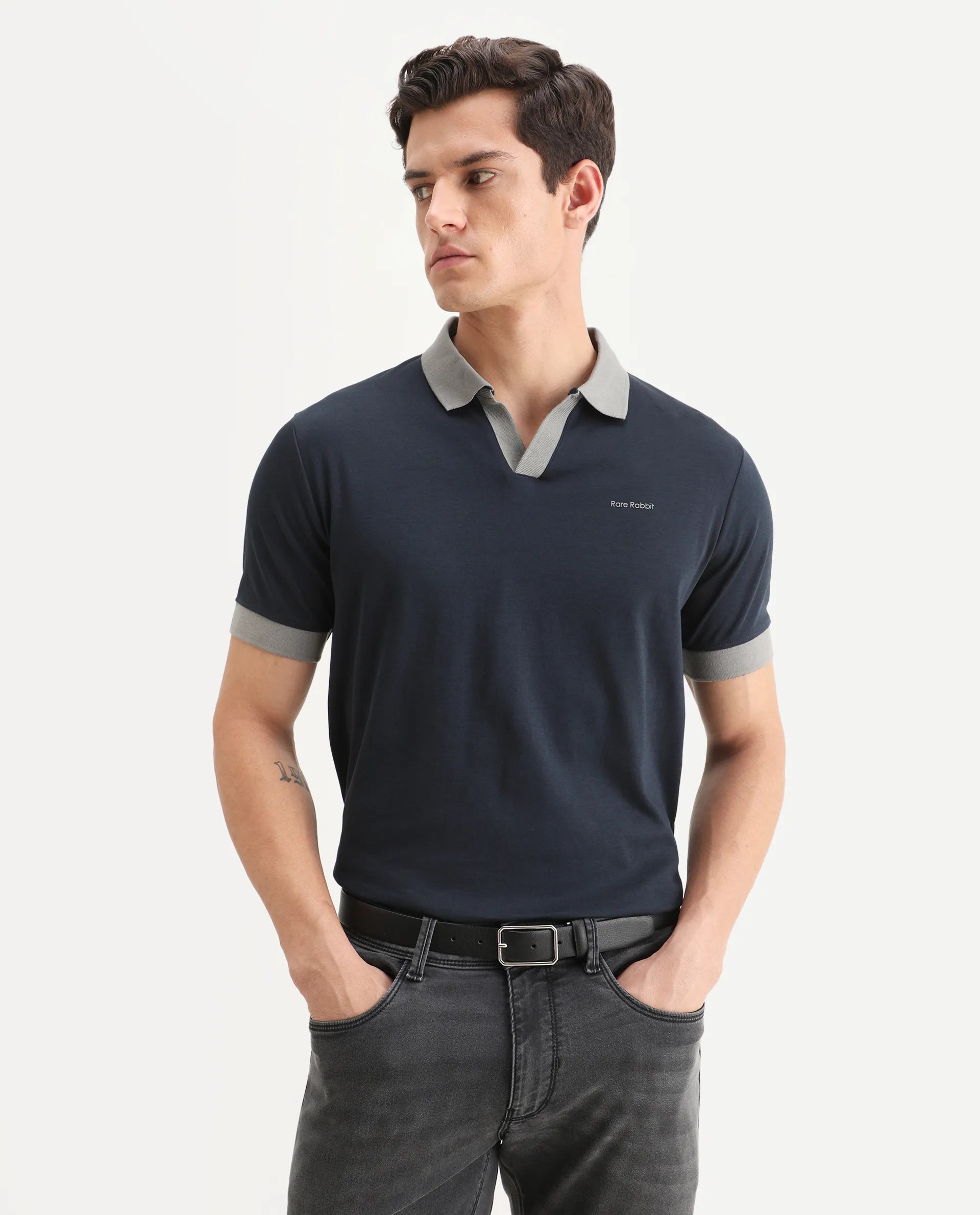 Rare Rabbit Men's Carmelon Navy Cotton Plain Regular Fit Half Sleeve Polo