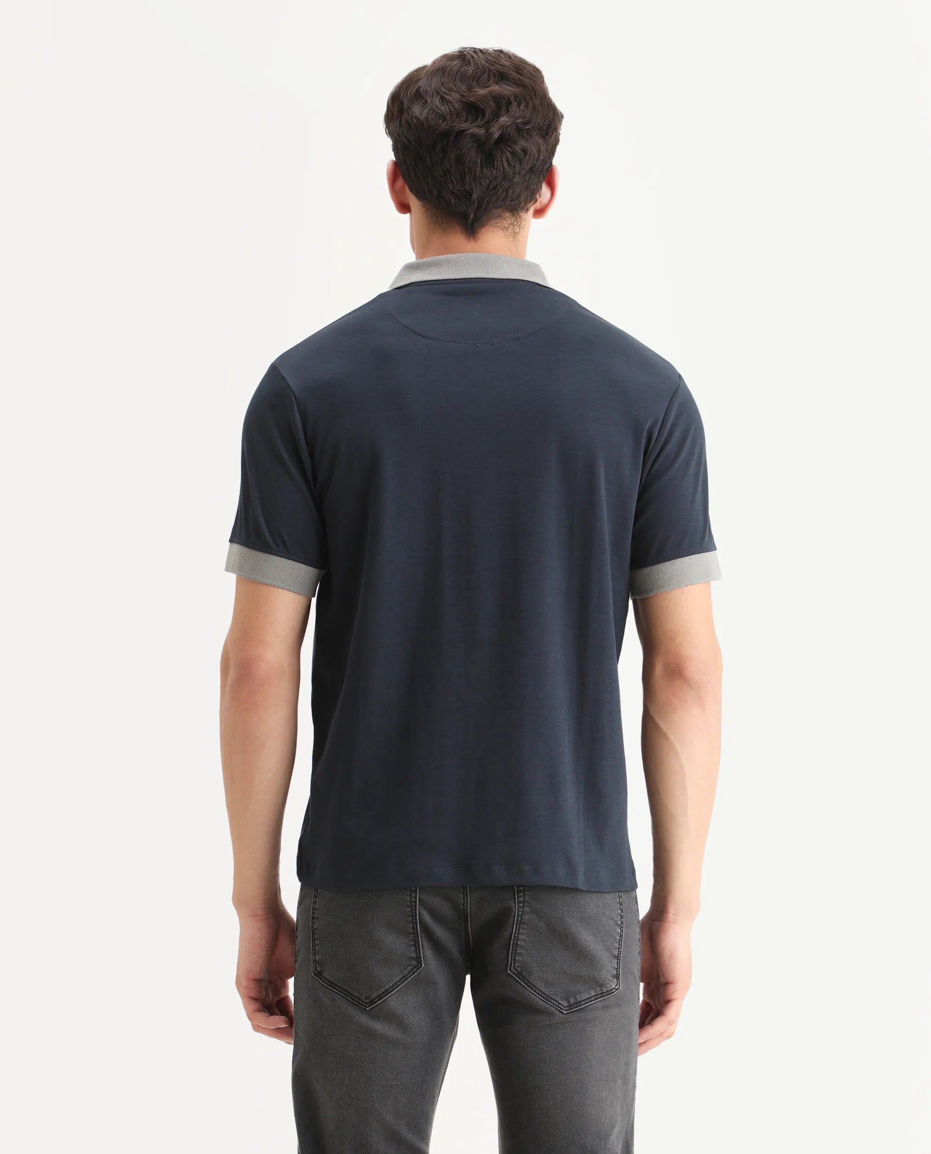 Rare Rabbit Men's Carmelon Navy Cotton Plain Regular Fit Half Sleeve Polo