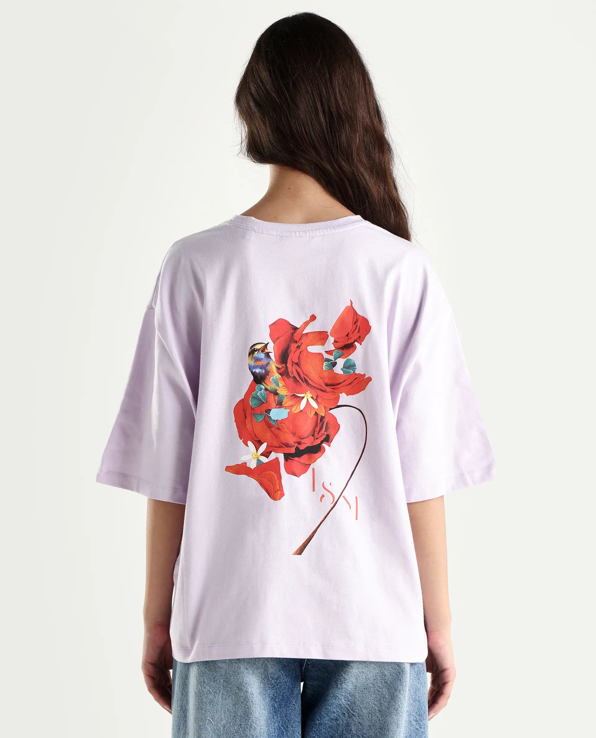 Rareism Women's Arlene Pastel Purple Cotton Blend Crew Neck Graphic Print Relaxed Fit T-Shirt