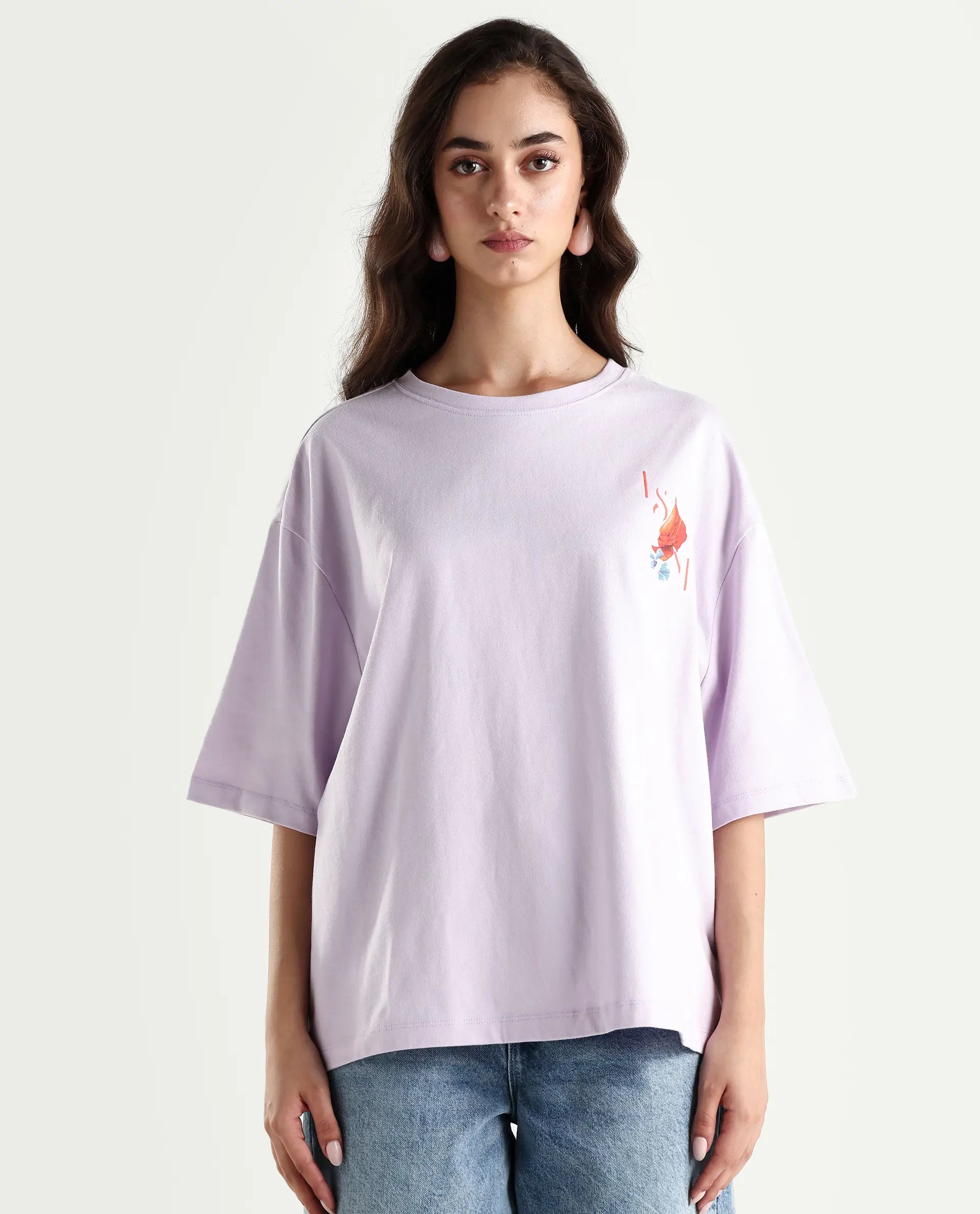 Rareism Women's Arlene Pastel Purple Cotton Blend Crew Neck Graphic Print Relaxed Fit T-Shirt