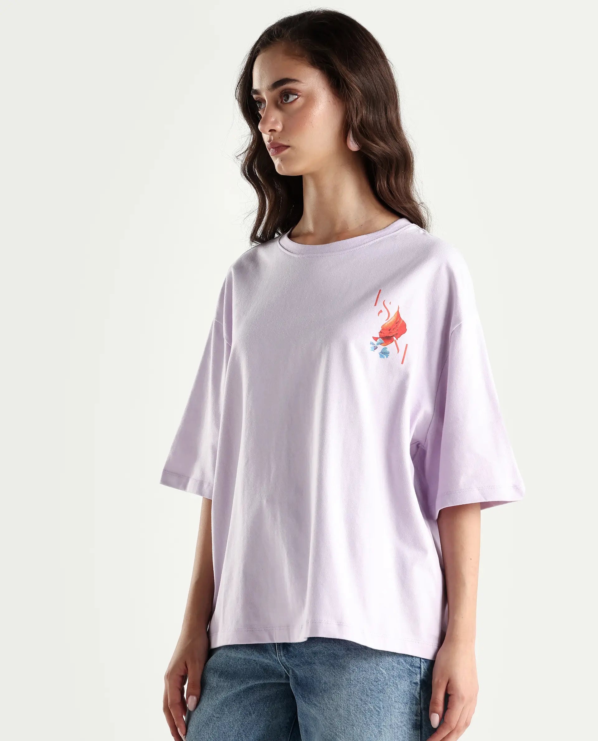 Rareism Women's Arlene Pastel Purple Cotton Blend Crew Neck Graphic Print Relaxed Fit T-Shirt