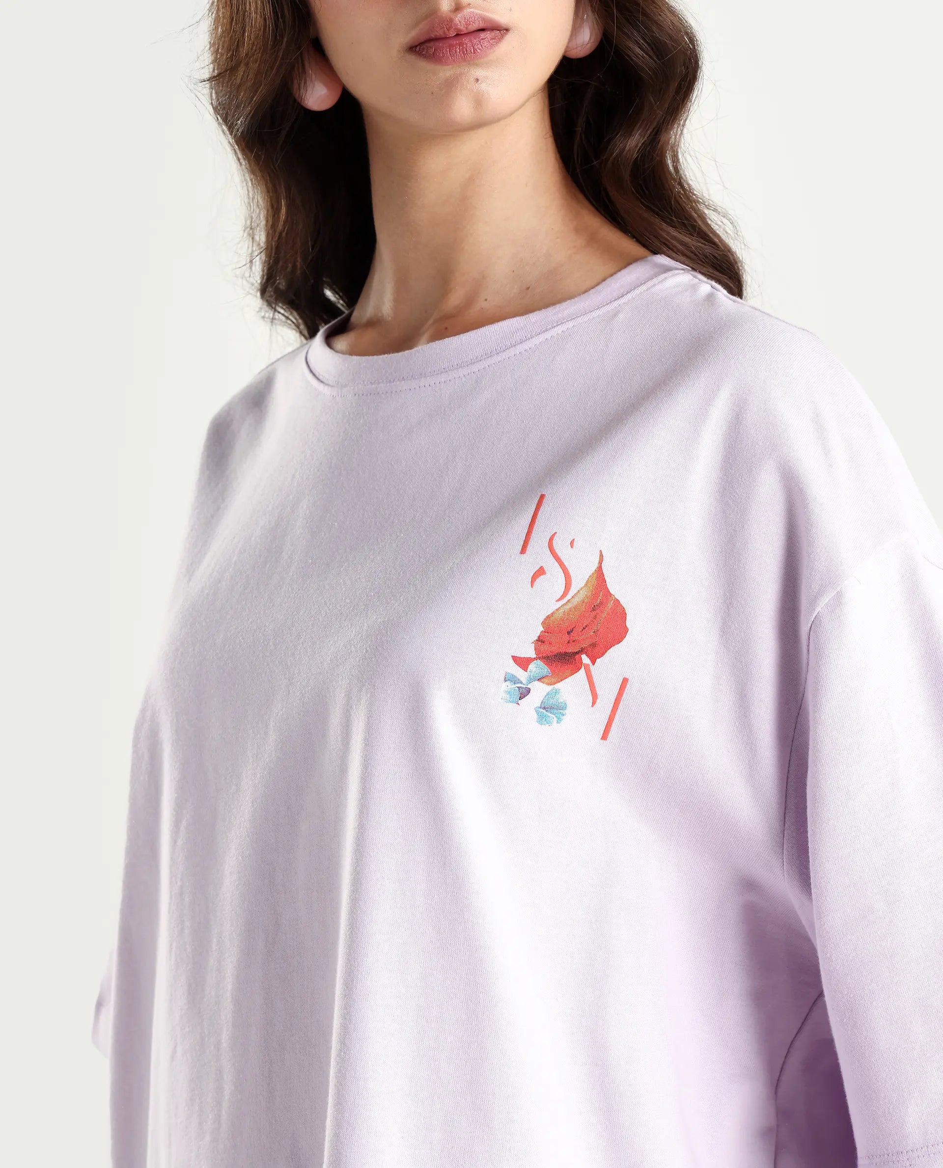 Rareism Women's Arlene Pastel Purple Cotton Blend Crew Neck Graphic Print Relaxed Fit T-Shirt