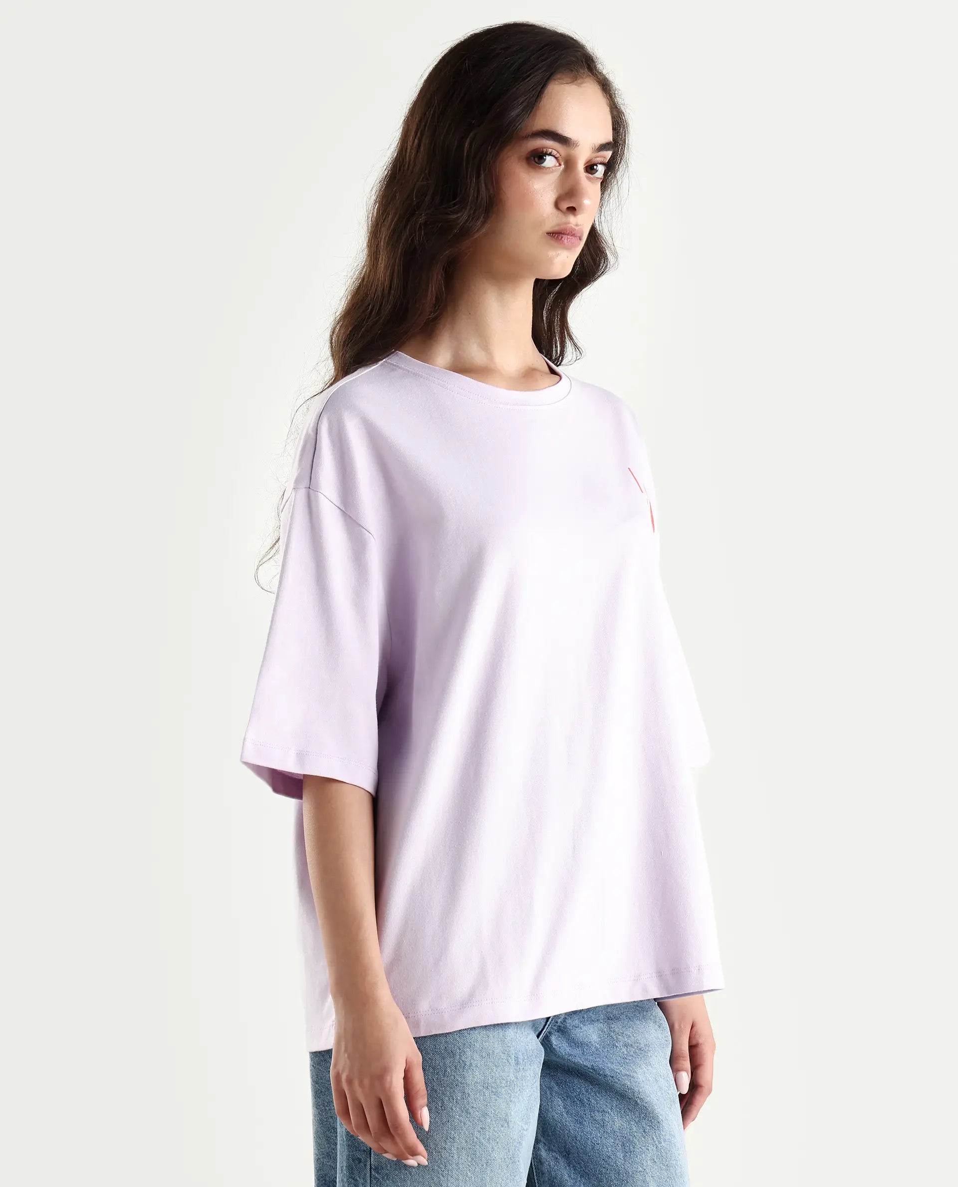 Rareism Women's Arlene Pastel Purple Cotton Blend Crew Neck Graphic Print Relaxed Fit T-Shirt