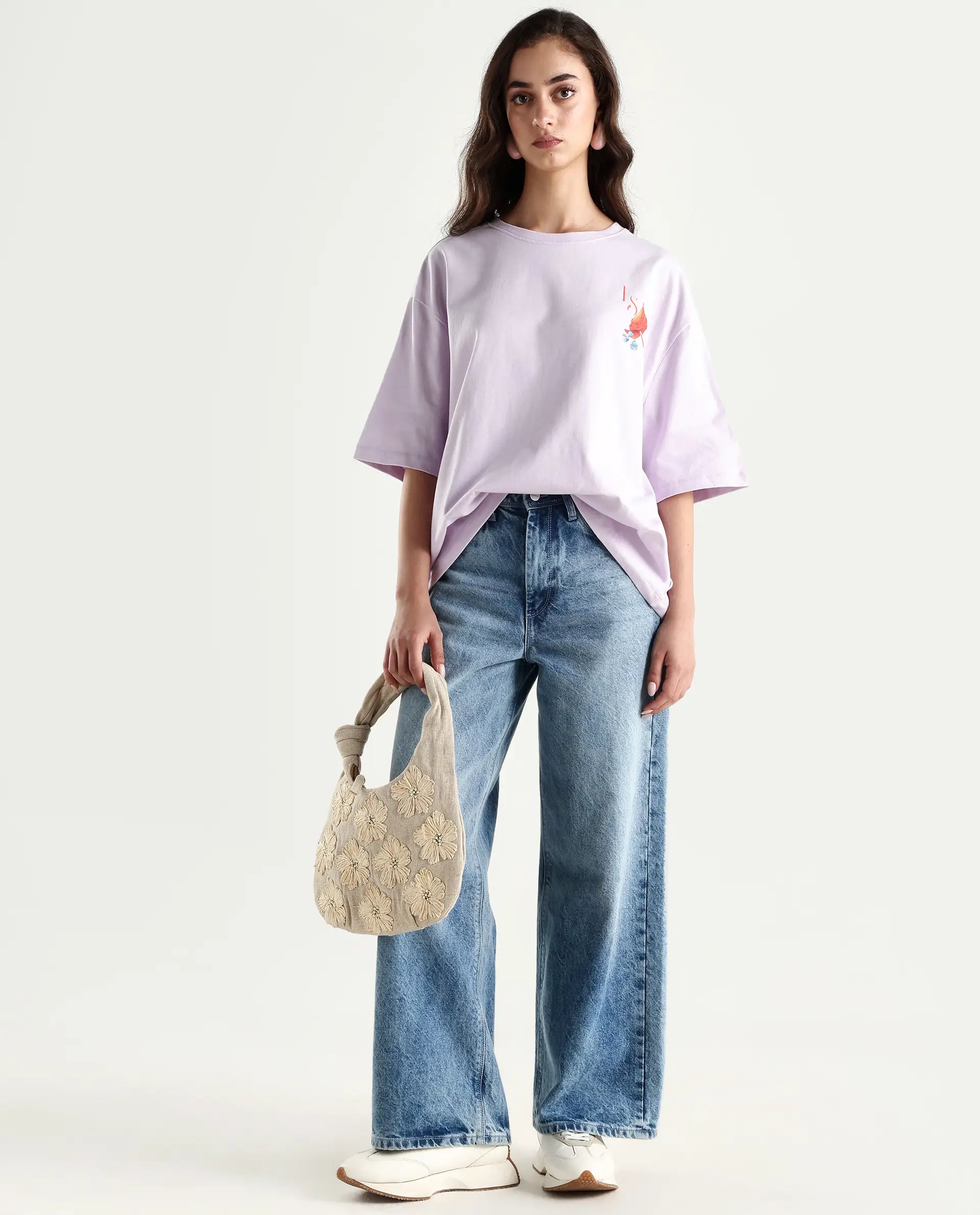 Rareism Women's Arlene Pastel Purple Cotton Blend Crew Neck Graphic Print Relaxed Fit T-Shirt