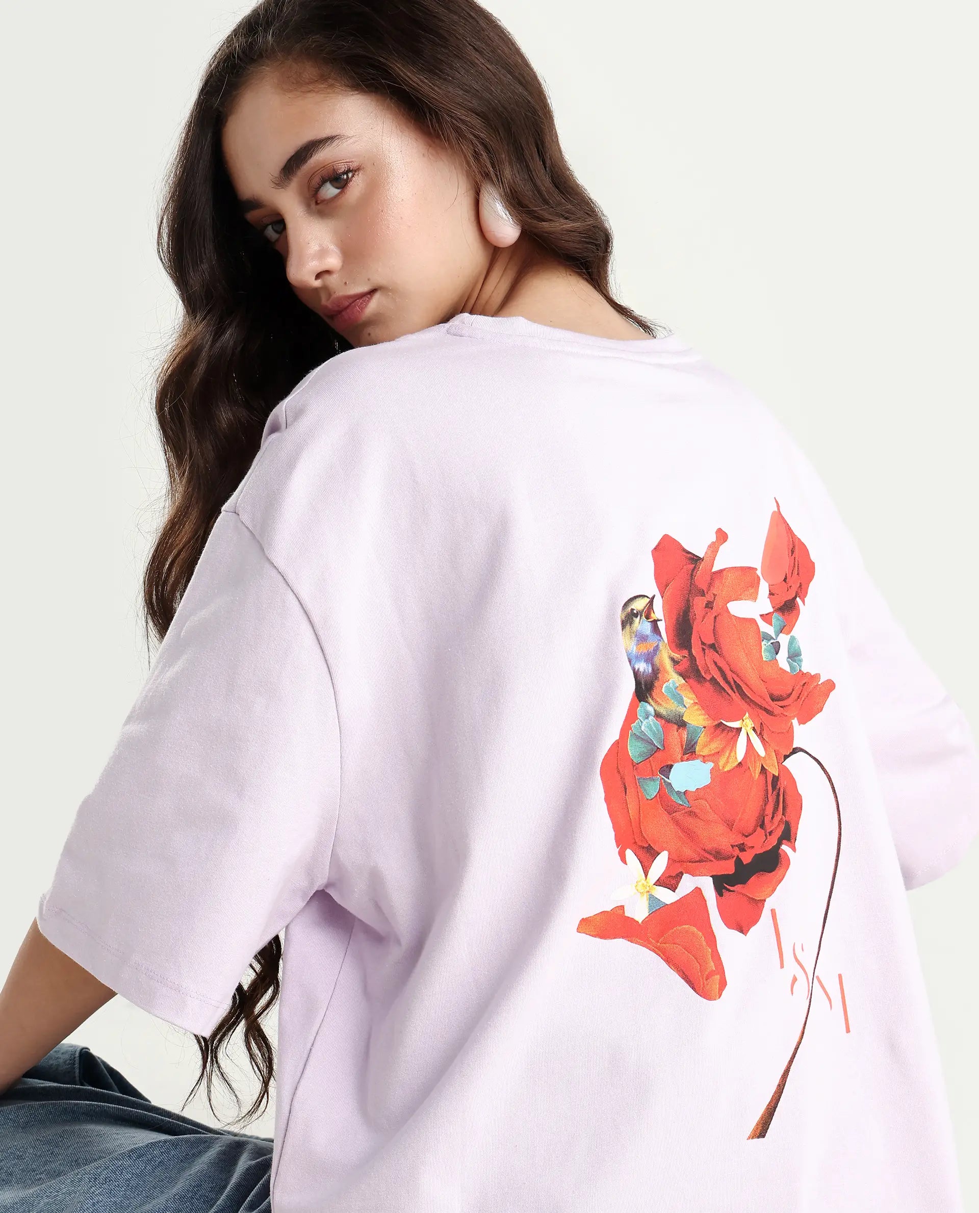 Rareism Women's Arlene Pastel Purple Cotton Blend Crew Neck Graphic Print Relaxed Fit T-Shirt