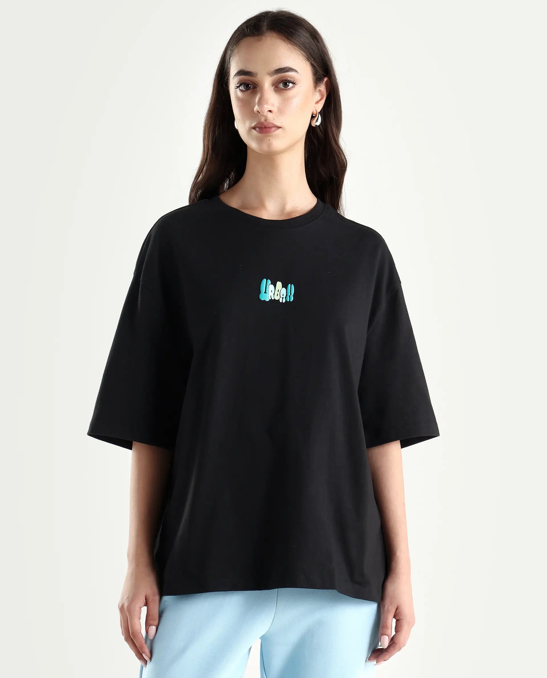 Rareism Women's Earl Black Cotton Blend Crew Neck Graphic Print Relaxed Fit T-Shirt